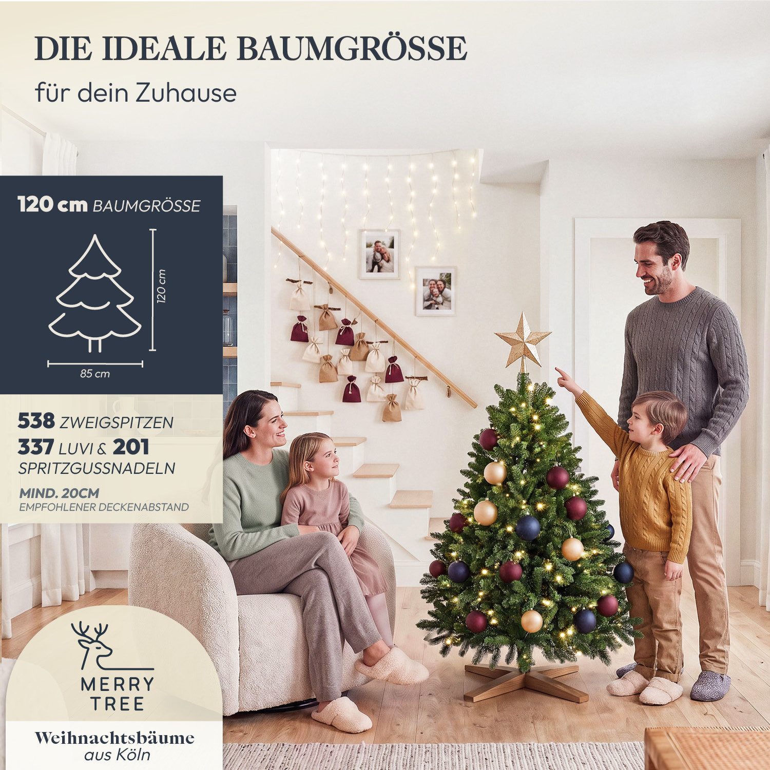 MERRY TREE Künstlicher Weihnachtsbaum Premium künstlicher Weihnachtsbaum aus naturgetreuem PVC + PE, Nordmanntanne, Spritzguss Mix mit massivem Holzfuß, mit und – Bild 4 von 5