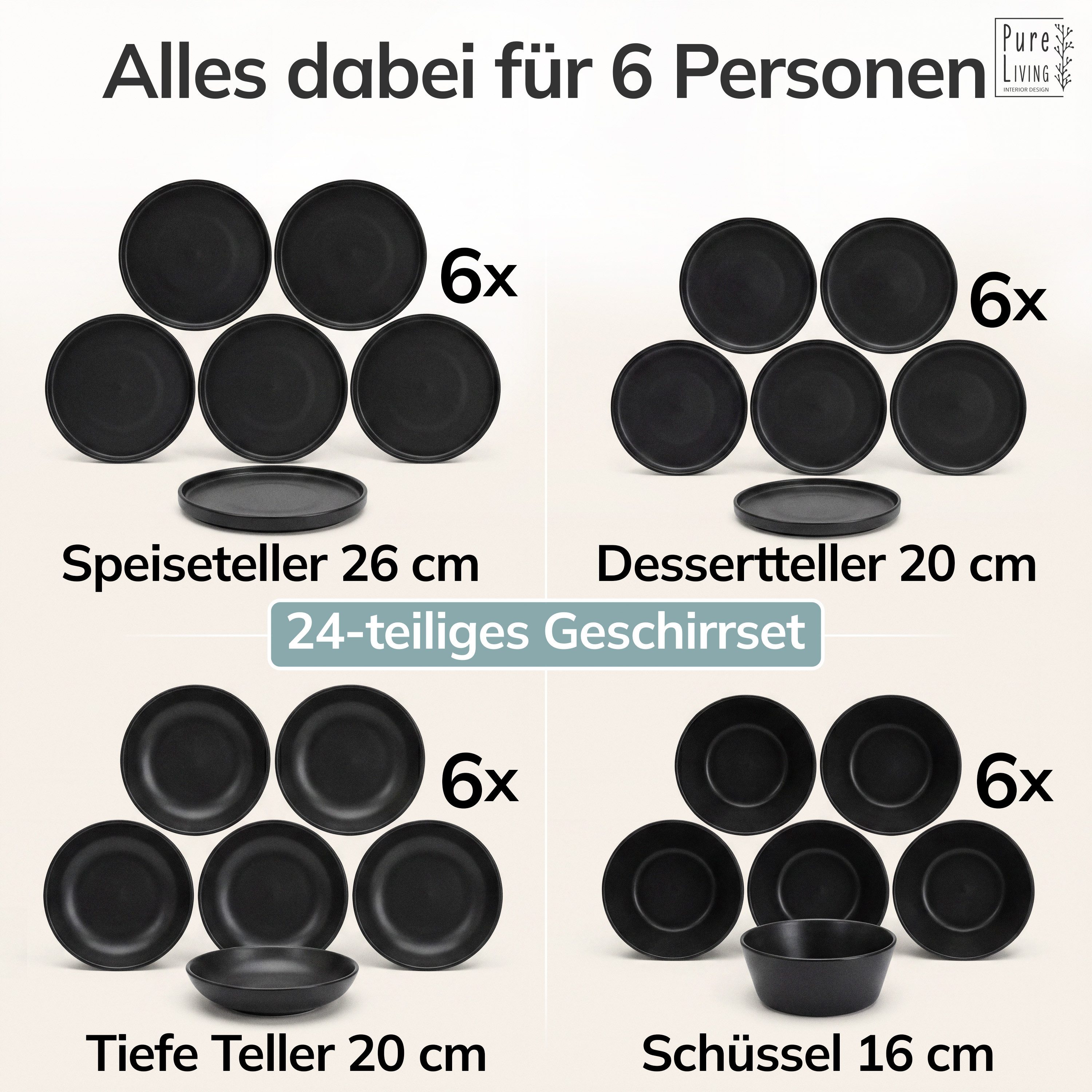 PURE LIVING INTERIOR DESIGN Geschirr-Set Manhattan aus Steingut, 24-tlg., für 6 Personen, Schwarz (24-tlg), 6 Personen, Steingut – Bild 5 von 5