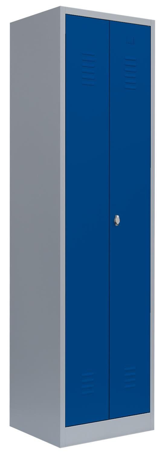 Steelboxx Spind Lüllmann® Garderobenschrank, (1-St) RAL 5010 600 erforderlich verschweißt Abteile Enzianblau x mittig Türen: Lichtgrau/ keine Korpus: RAL und 2 7035 Komplett 1800 montiert, schließend, Montage