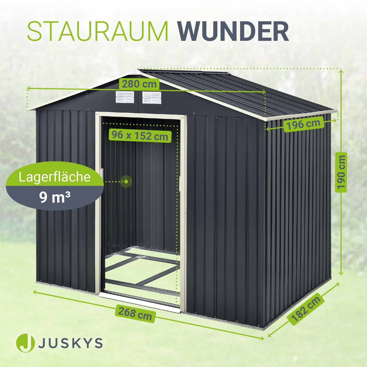 Juskys Gartenhaus XL, BxT: 280x196 cm, mit Satteldach, Schiebetür, Fundamentrahmen, 9 m³