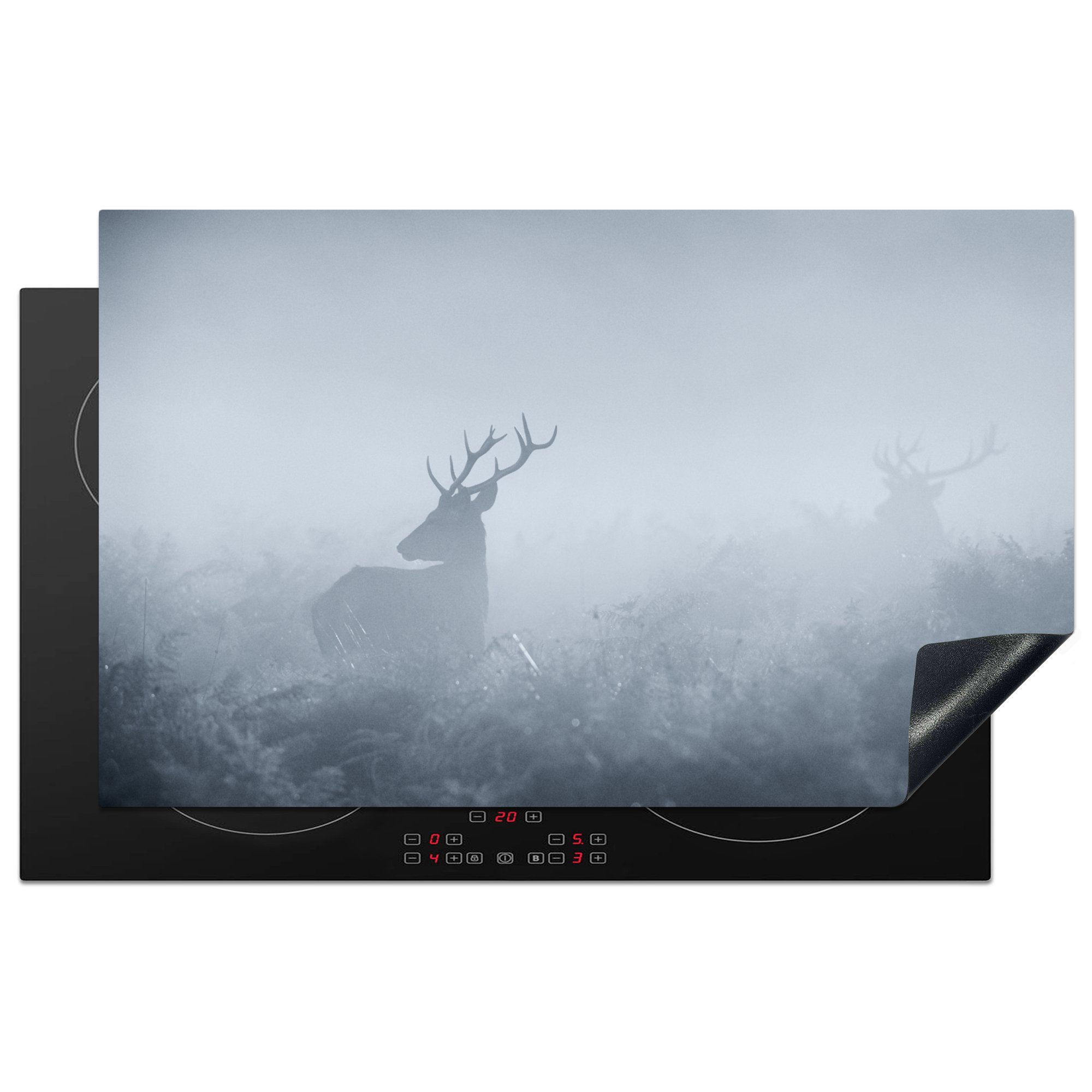 MuchoWow Herdblende-/Abdeckplatte Hirsche - Nebel - Wald, Vinyl, (1 tlg), 83x51 cm, Ceranfeldabdeckung, Arbeitsplatte für küche