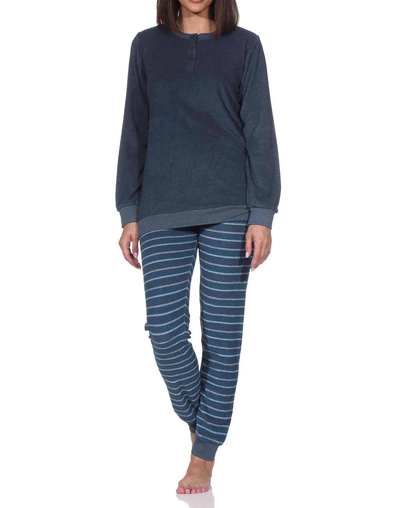 Normann Pyjama Normann Damen Frottee Schlafanzug langarm mit Bündchen Hose gestreift