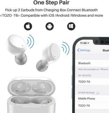TOZO Kabellos Touch Control mit Kabellosem Ladecase, IPX8 Wasserdicht In-Ear-Kopfhörer (Lange Akkulaufzeit von über 10 Stunden für ununterbrochenen Musikgenuss., Ohrhörer Bluetooth, Integriertem Mikrofon, Premium-Tiefbass für Sport)