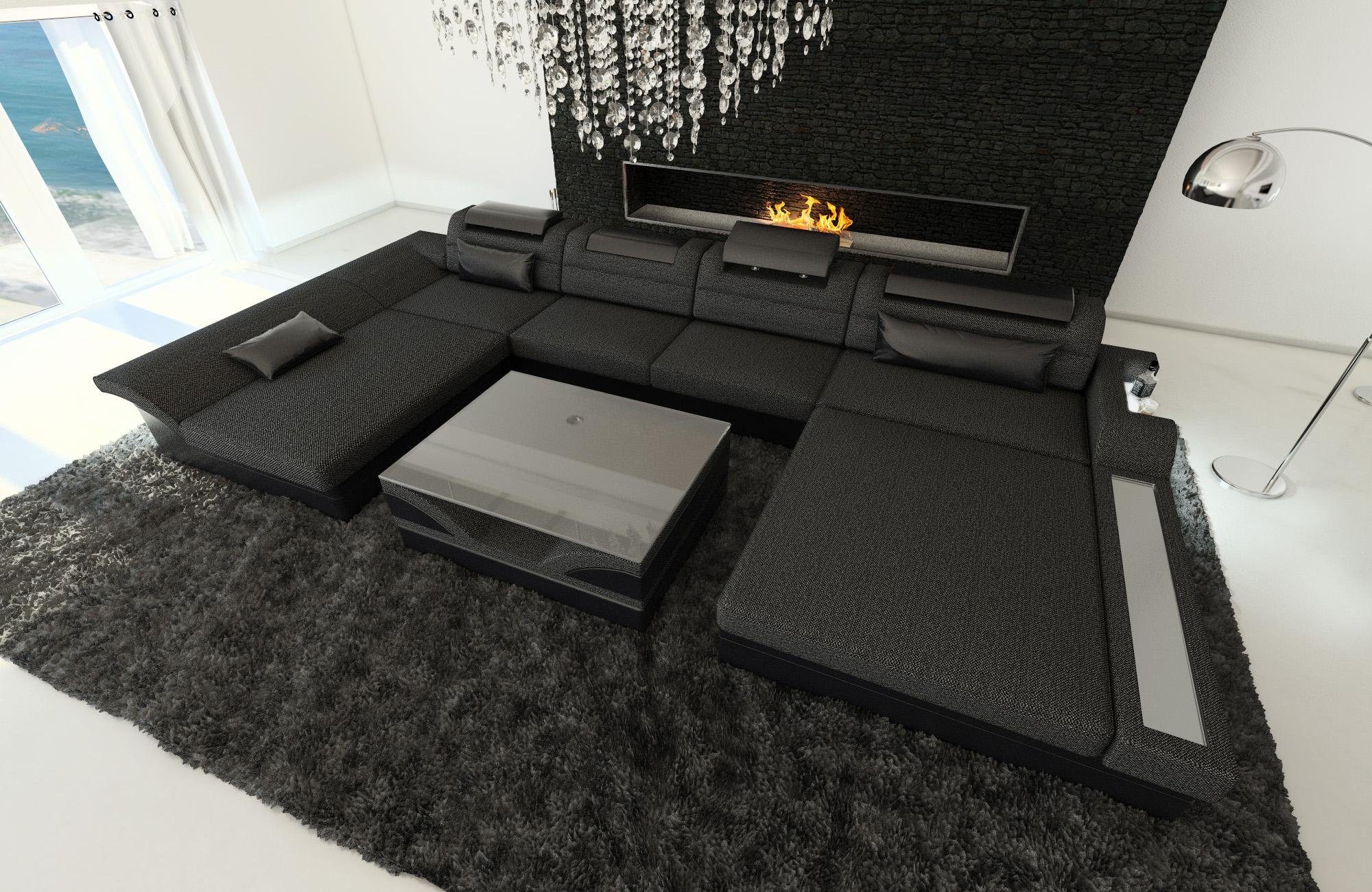 Sofa Dreams Wohnlandschaft Polster mit Form Grau-Schwarz LED, Stoffsofa, ausziehbare Couch Schwarz U Designersofa Bettfunktion, Monza H12 Stoff