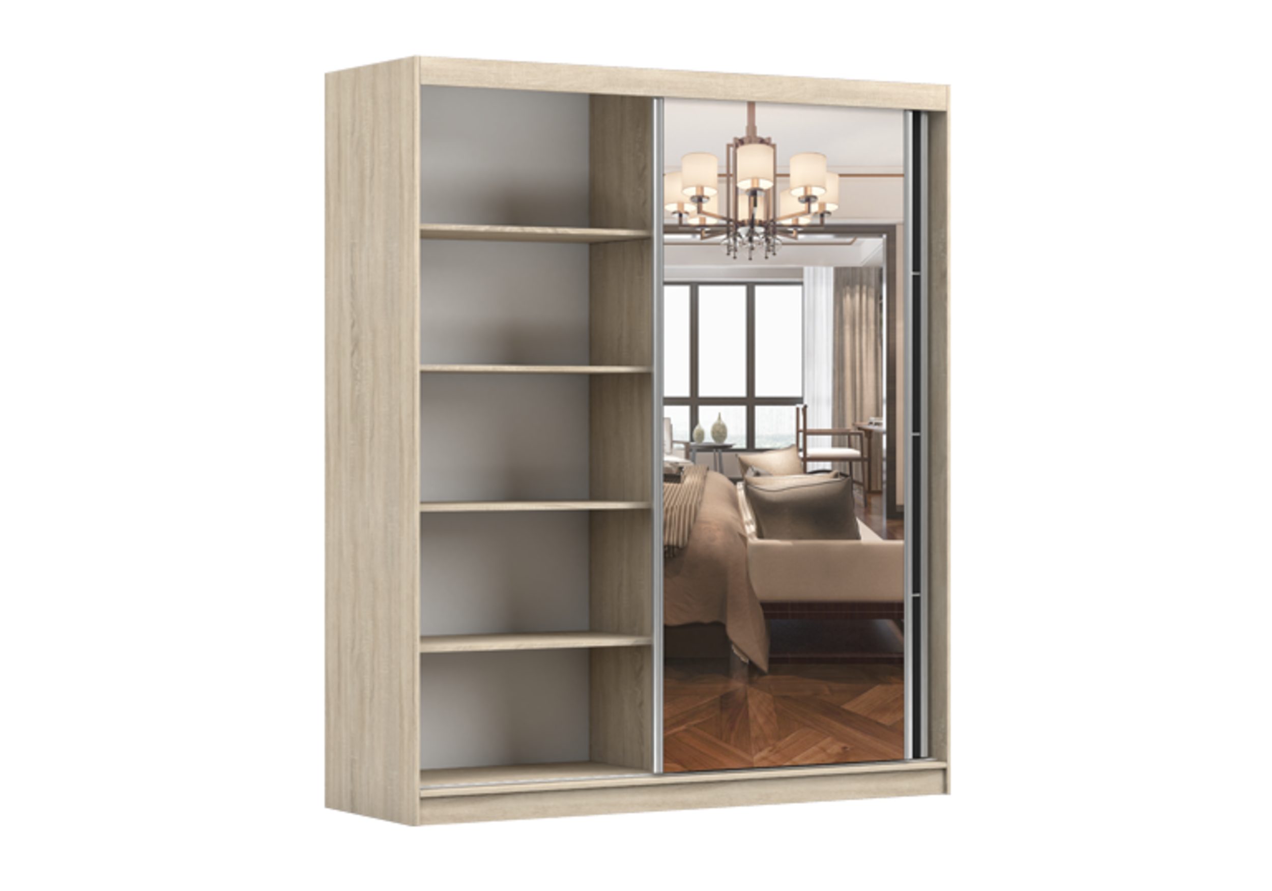 MOEBLO Kleiderschrank LARA 09 (mit Spiegel Schwebetürenschrank 2-türig Schrank mit vielen Einlegeböden und Kleiderstange, Gaderobe Schiebtüren Schlafzimmer-Wohnzimmerschrank Modern Design) (BxHxT): 150x200x61 cm