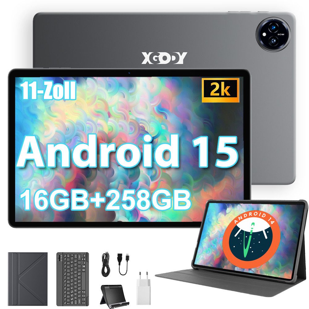 XGODY 11"(16GB+256GB) Android 15(Kostenlose Ledertasche,Tastatur,  Ladegerät) Tablet (11", 256 GB, 15, 5GWIFI, 16GB RAM, Android 15, Widevine L1,8-Core,HD PC Mit Tastaturtasche)