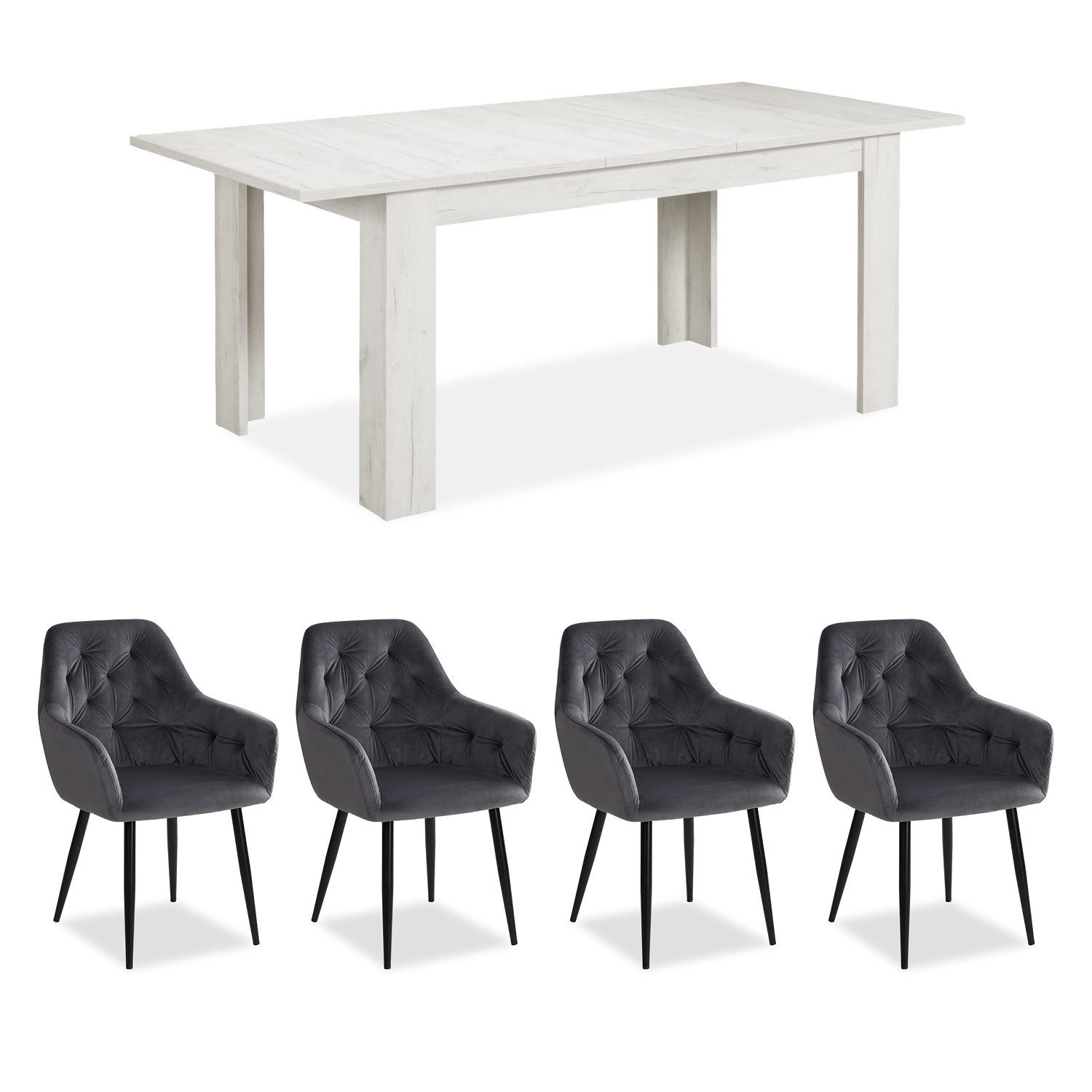 Homestyle4u Essgruppe Esstisch 90x160 bis 90x200 erweiterbar 4 Stühle Grau Samt Weiß Sessel, (Set, 5-tlg., Esszimmergruppe 5 teilig), Küchentisch ausziehbar Küchentisch Sitzgruppe Polsterstuhl, Essstuhl