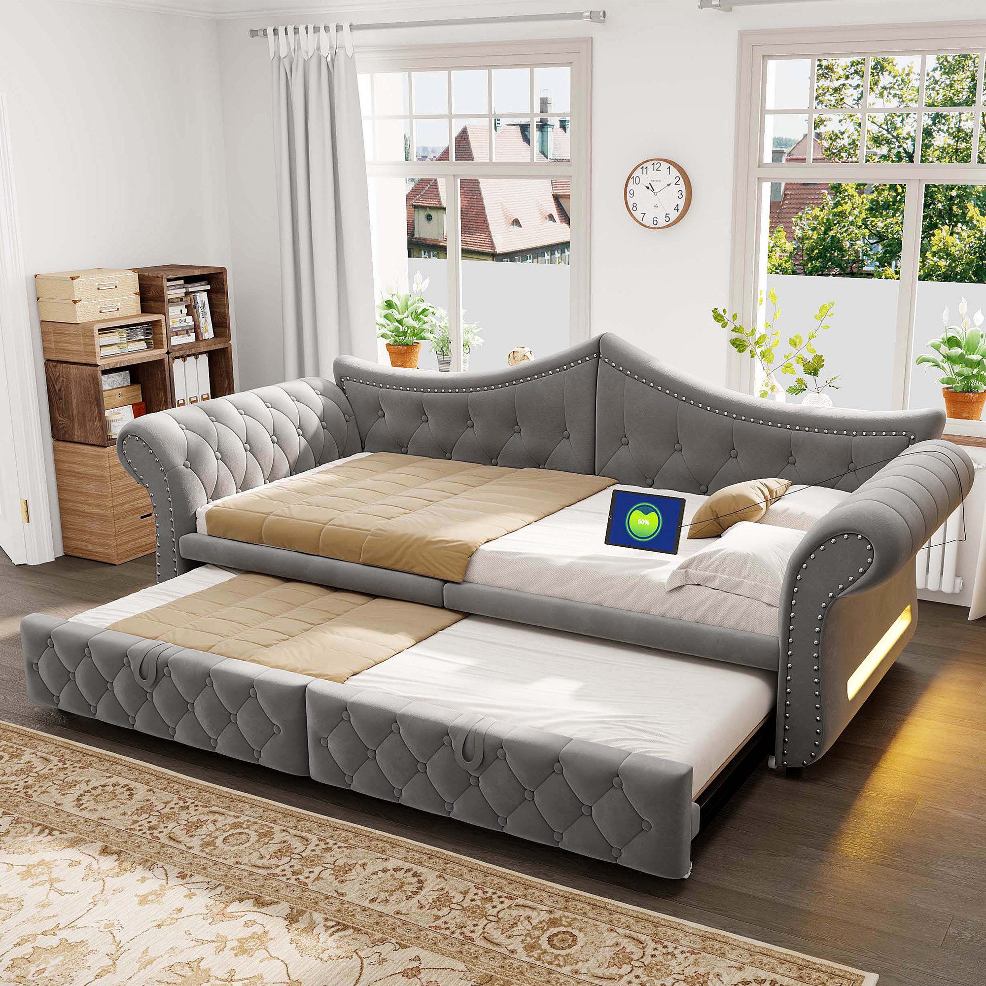 Merax Daybett 90x 200cm/180x200cm mit LED-Beleuchtung & USB-Ladeanschluss, Samt (Jugendbett Doppelbett Sofabett Polsterbett, 1 tlg), Tagesbett mit ausziehbarer  – Bild 3 von 5