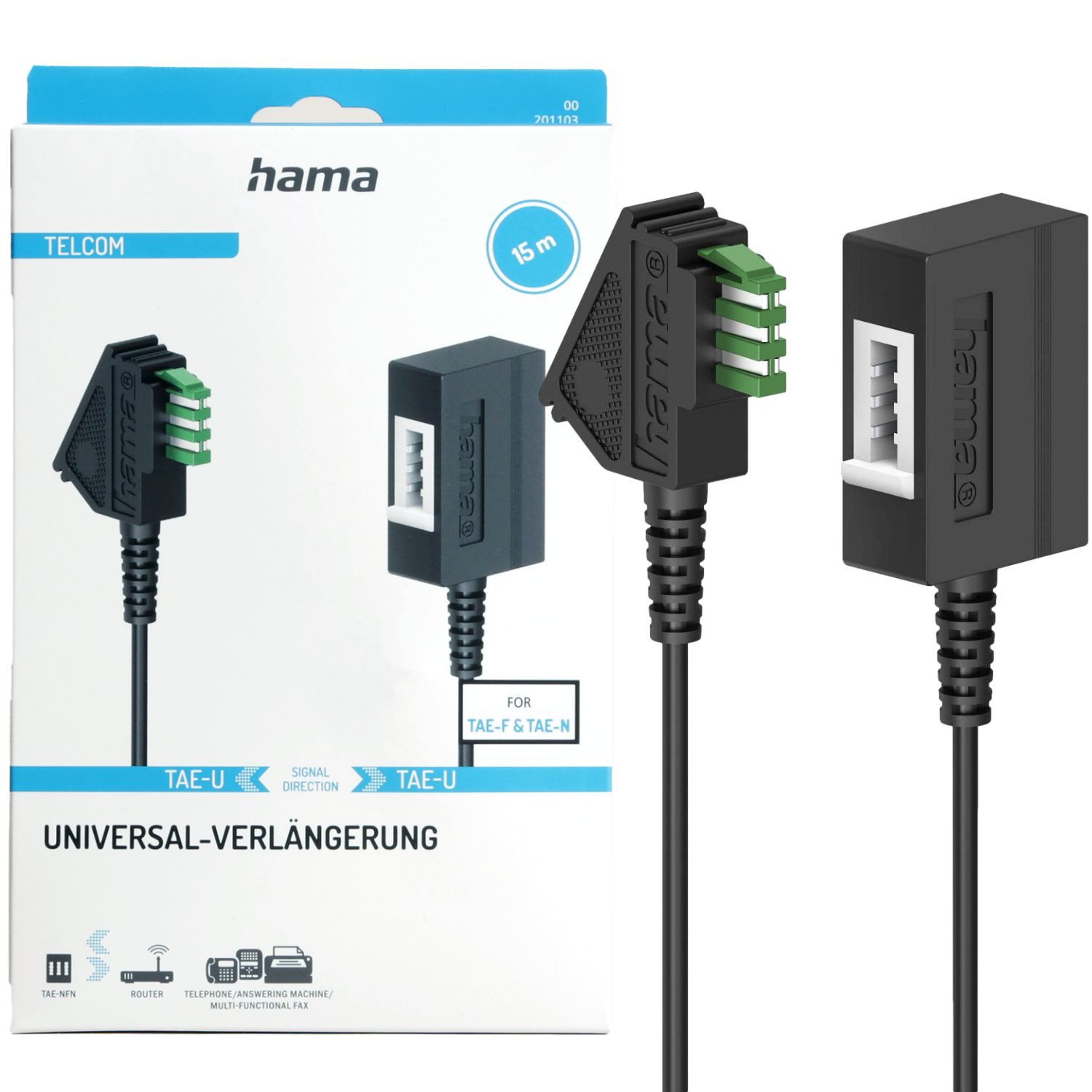 Hama TAE-U Verlängerungskabel 15m Schwarz Festnetztelefon (TAE-F TAE-N Verlängerung Kupplung Stecker Telefon-Kabel Fax AB Modem)