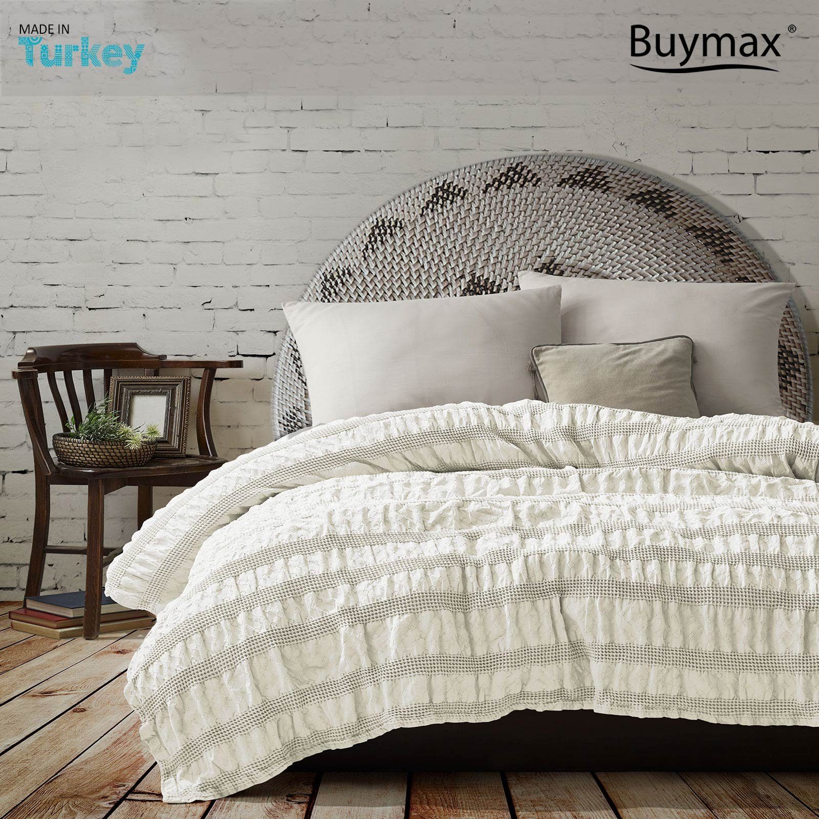 Bettüberwurf Apollo, cm Sofaüberwurf Pique Quilt 100% Waffeloptik Bettüberwurf Buymax, Einfarbig Baumwolle Uni Überwurf Creme Pikee Wohndecke 220x240