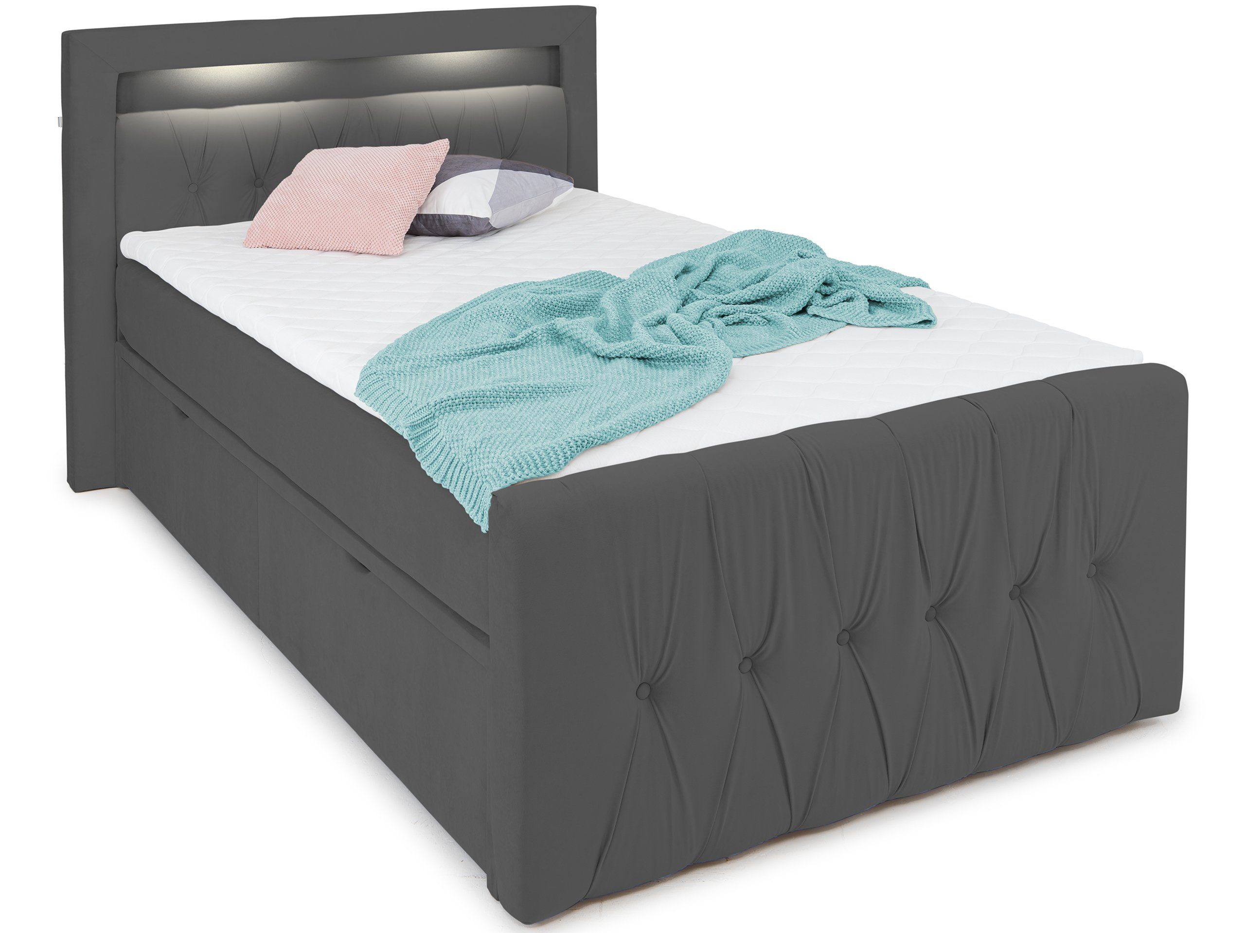 wonello Boxspringbett Valencia, mit LED-Beleuchtung und Stauraum, inkl. Topper Anthrazit