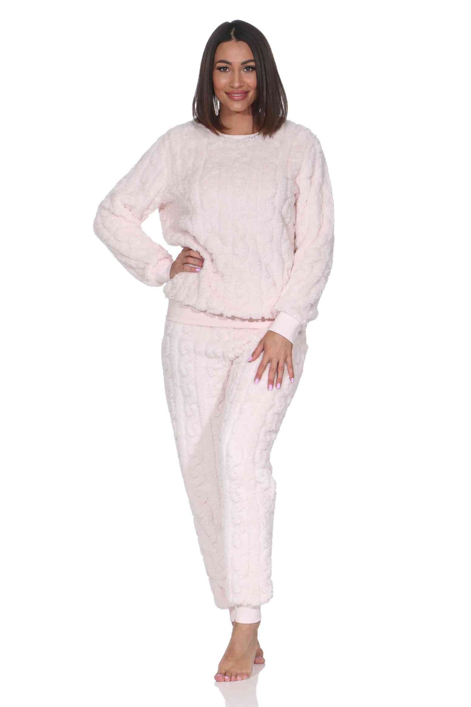 Normann Pyjama Damen langarm Schlafanzug Hausanzug aus kuscheligen Sherpa-Fleece