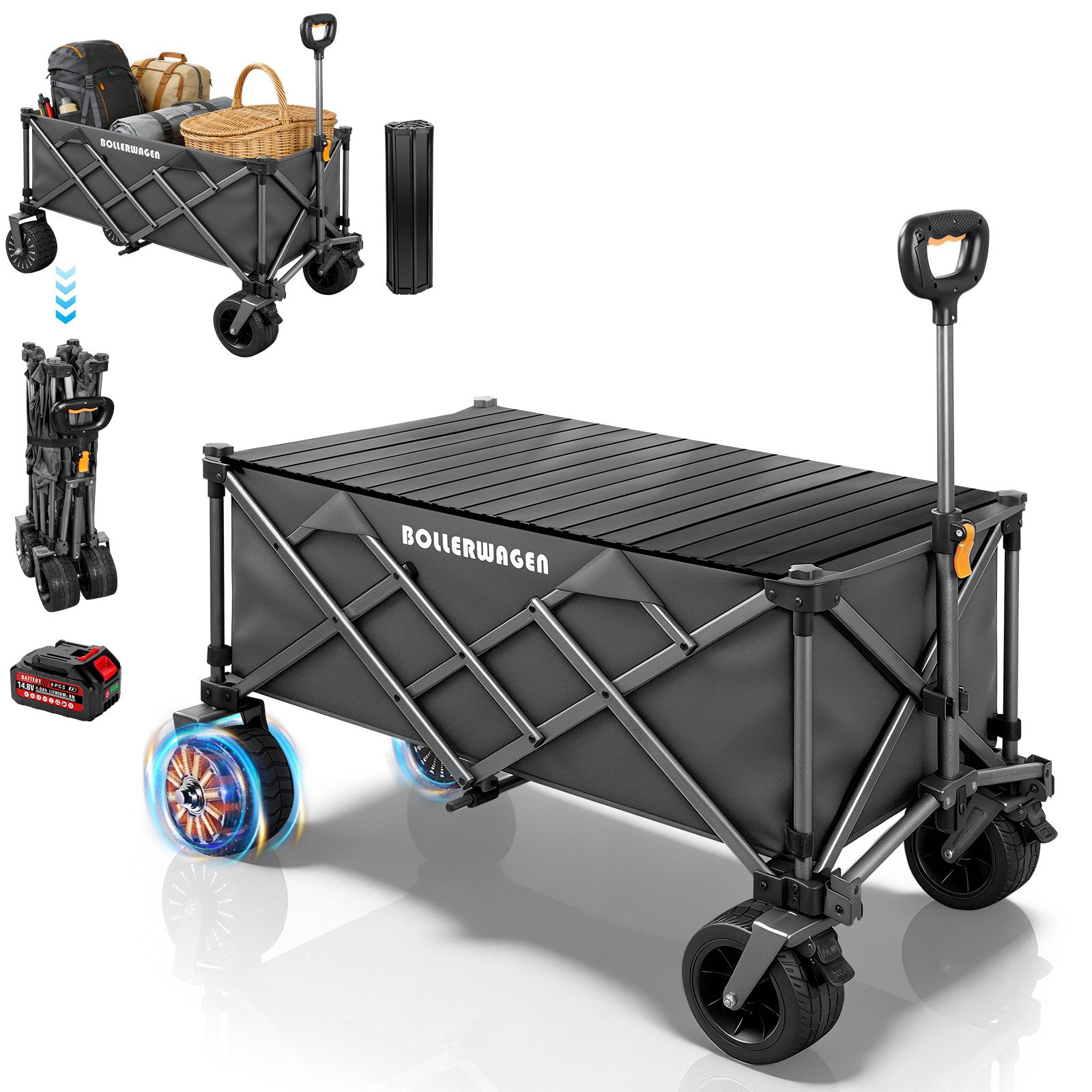 XERSEK Bollerwagen Elektrisch Handwagen mit Klapptisch Breiträder 4Ah-Akku,Transportwagen (Elektrokarre Faltbollerwagen, 105×61×64cm, Griff 60-100cm, Bürstenlosmotor, Kompatibel m.Makita Akku), Campingwagen max.5km/h Perfekt für Gehtempo, Grau