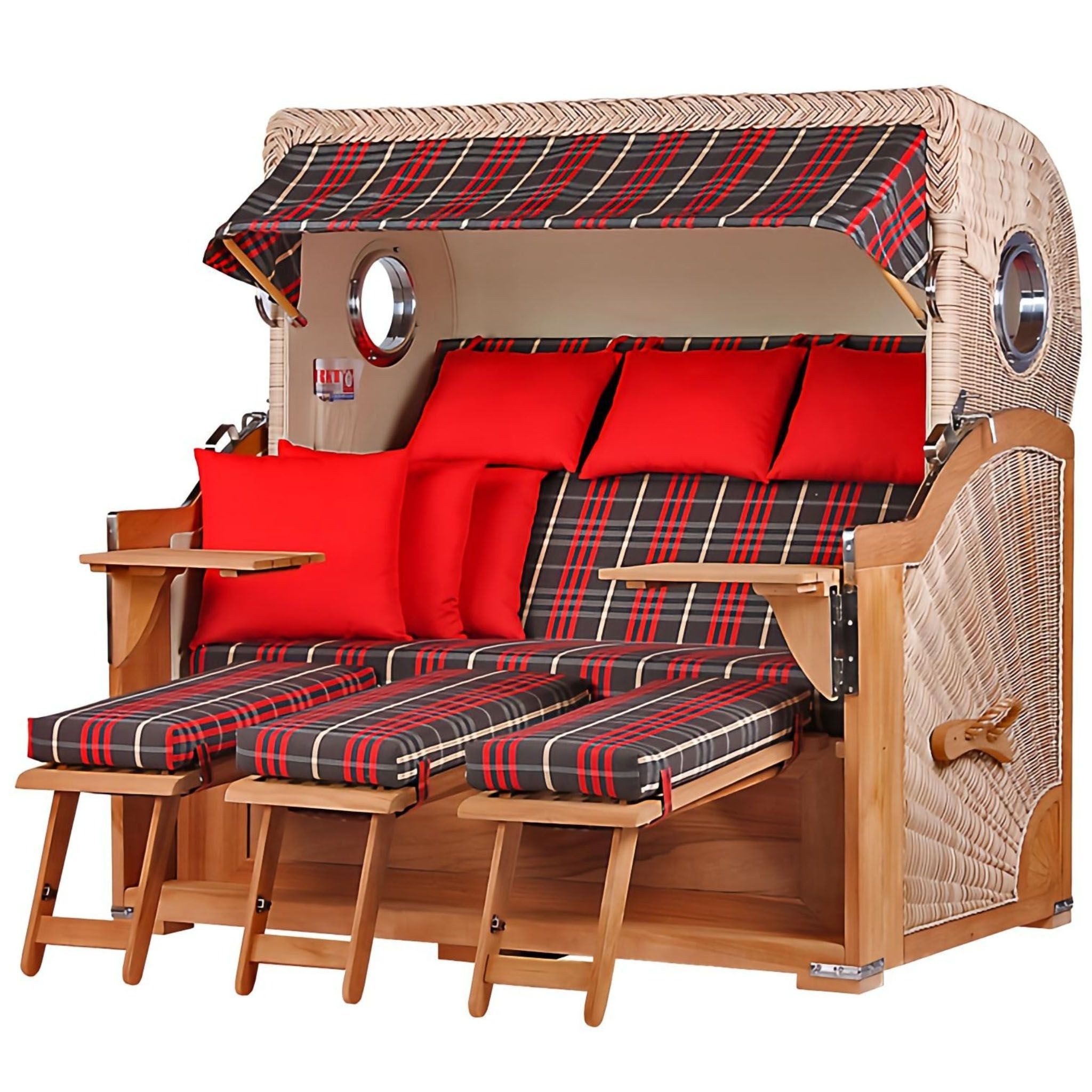 bene living Strandkorb Königssee 3-Sitzer Teak - PE shell - Modell 529, BxTxH: 170x95x170 cm, Volllieger, Königssee 3-Sitzer Teak, (Strandkorb-Komplettset, 5-tlg., Strandkorb inkl. Liftersystem und umfangreichem Zubehör), mit Windschutzfolie, Bistrotischen und bequemer Polsterung