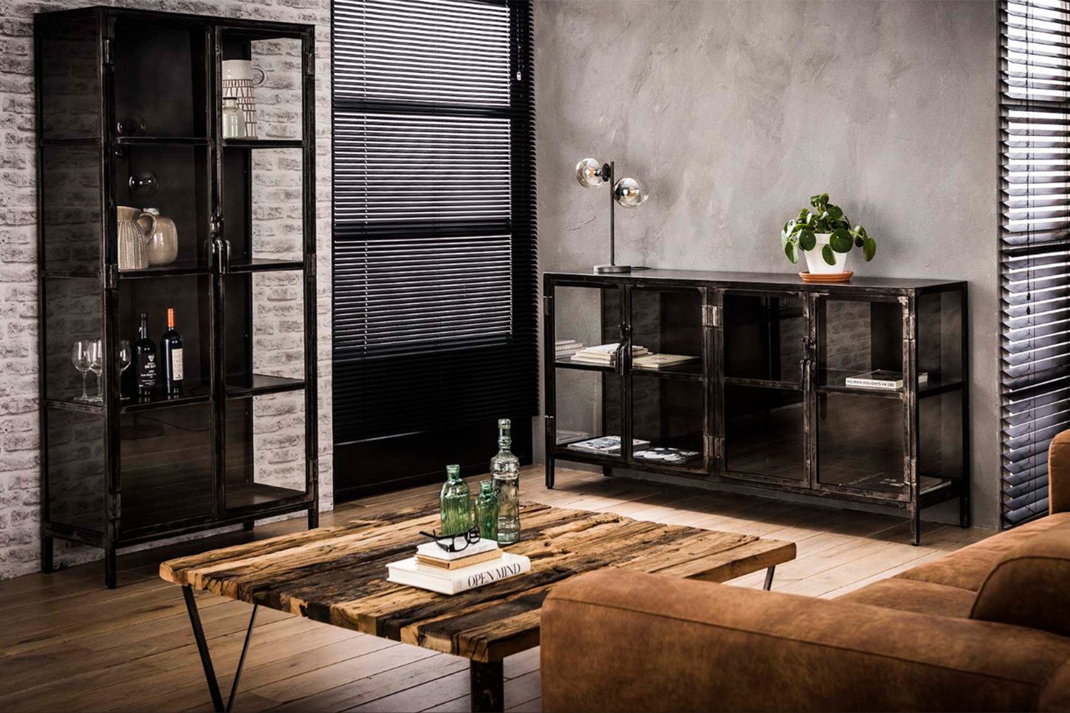 KAWOLA Highboard ARLES, Highboard Vitrine Metall schwarz 2 Türen 90x190x40 cm