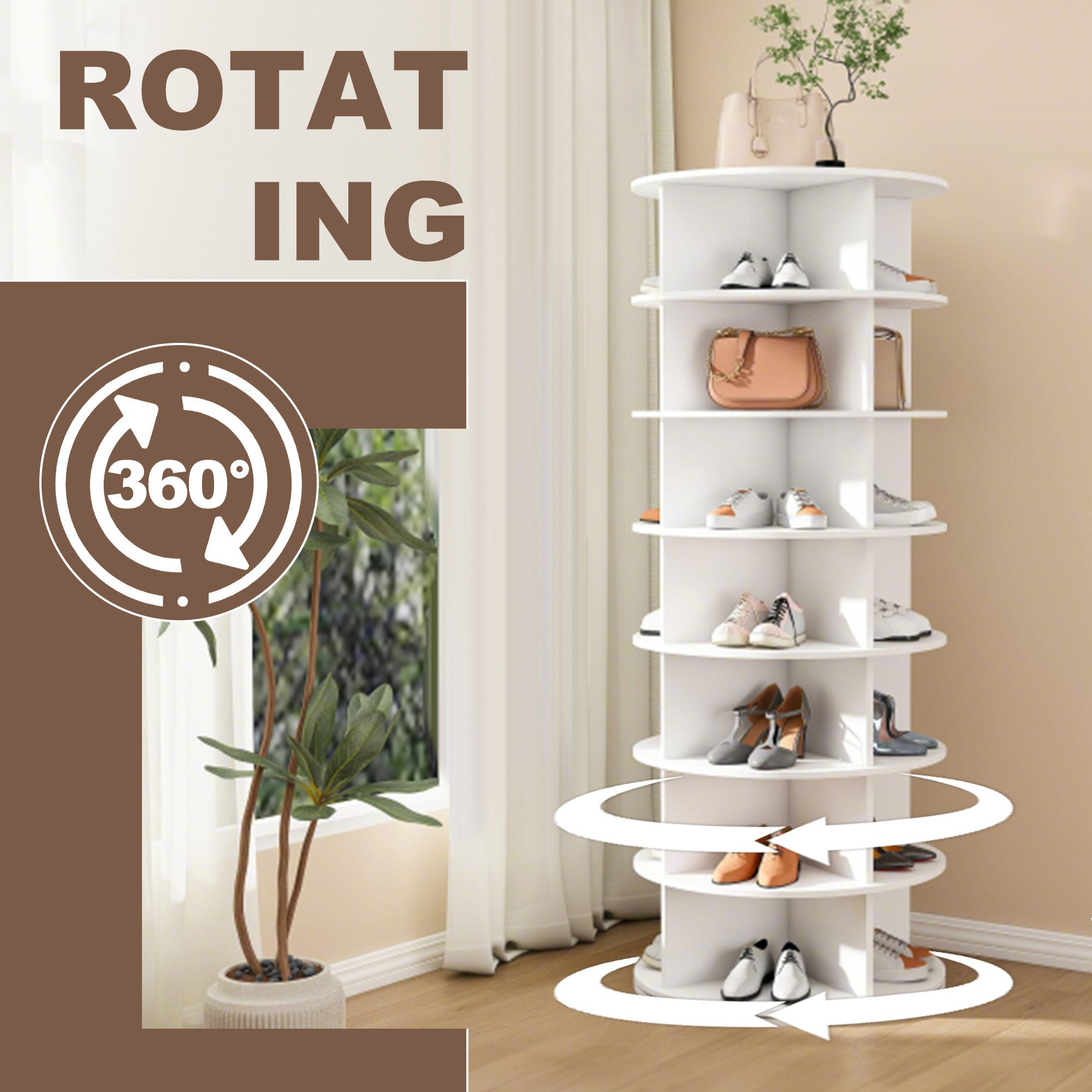 MC Star Schuhregal Drehbares mit 360° Drehfunktion, Freistehendes Schuhregal für 28 Paar Schuhe, Platzsparend, weiß (60 × 60 × 161cm), 7 Ebenen