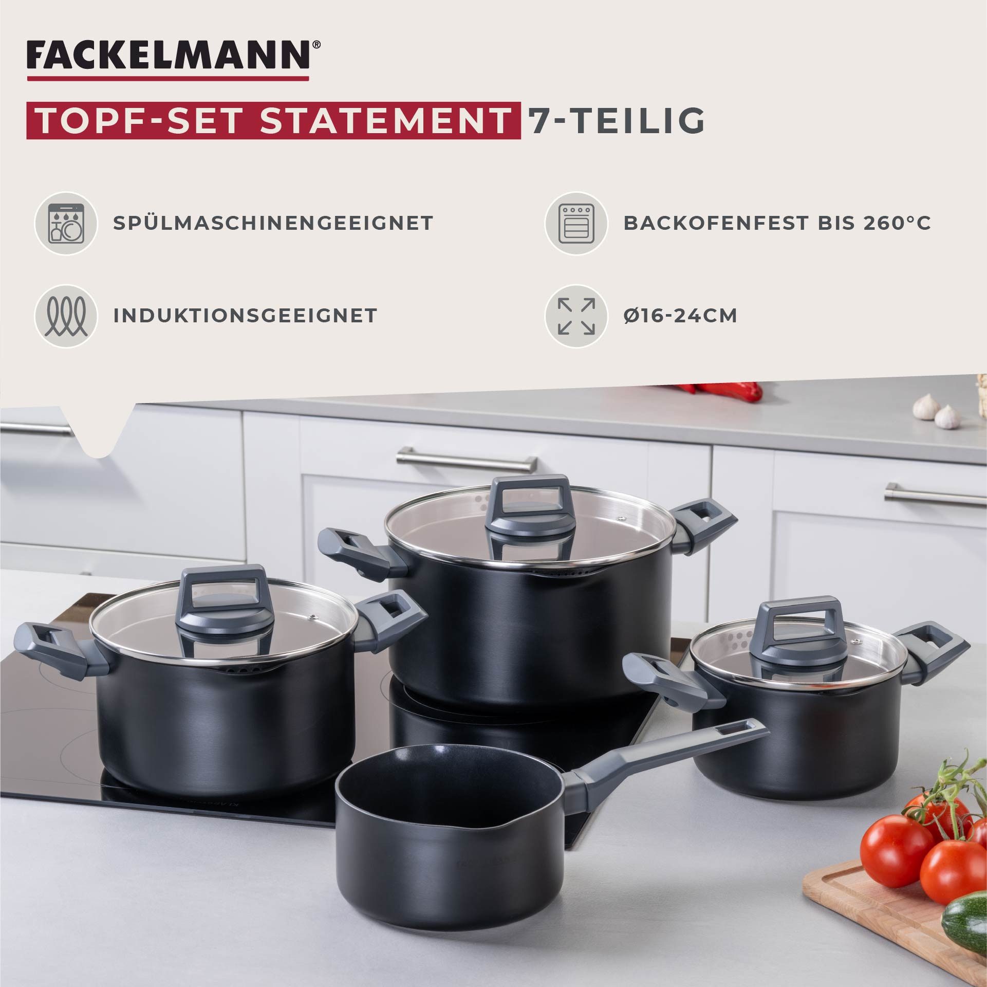 FACKELMANN Topf-Set Statement, Aluminium (Set, 7-tlg), Deckel mit Abgießfunktion