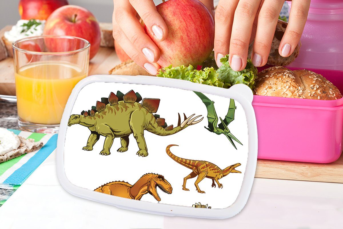 MuchoWow Lunchbox Dinosaurier - Zeichnung Brotdose - Erwachsene, Brotbox Kinder, Kinder, Jungen Kunststoff (2-tlg), - Snackbox, rosa für Mädchen, Kunststoff