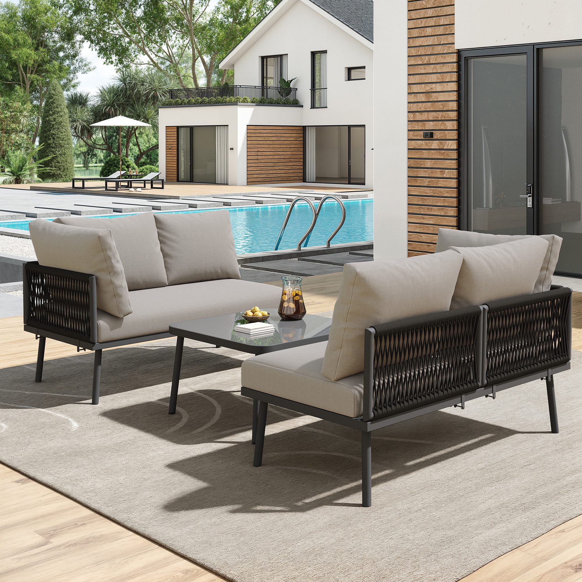 MC Star Gartensofa Garten-Lounge-Set aus Eisen, Gartenmöbel-Set aus grauem Seil, L-förmiges Gartenmöbel-Set, Lounge-Set aus grauem Seil mit Sitzkissen, verstellbaren Füßen, 2 Sofas und 1 Tisch