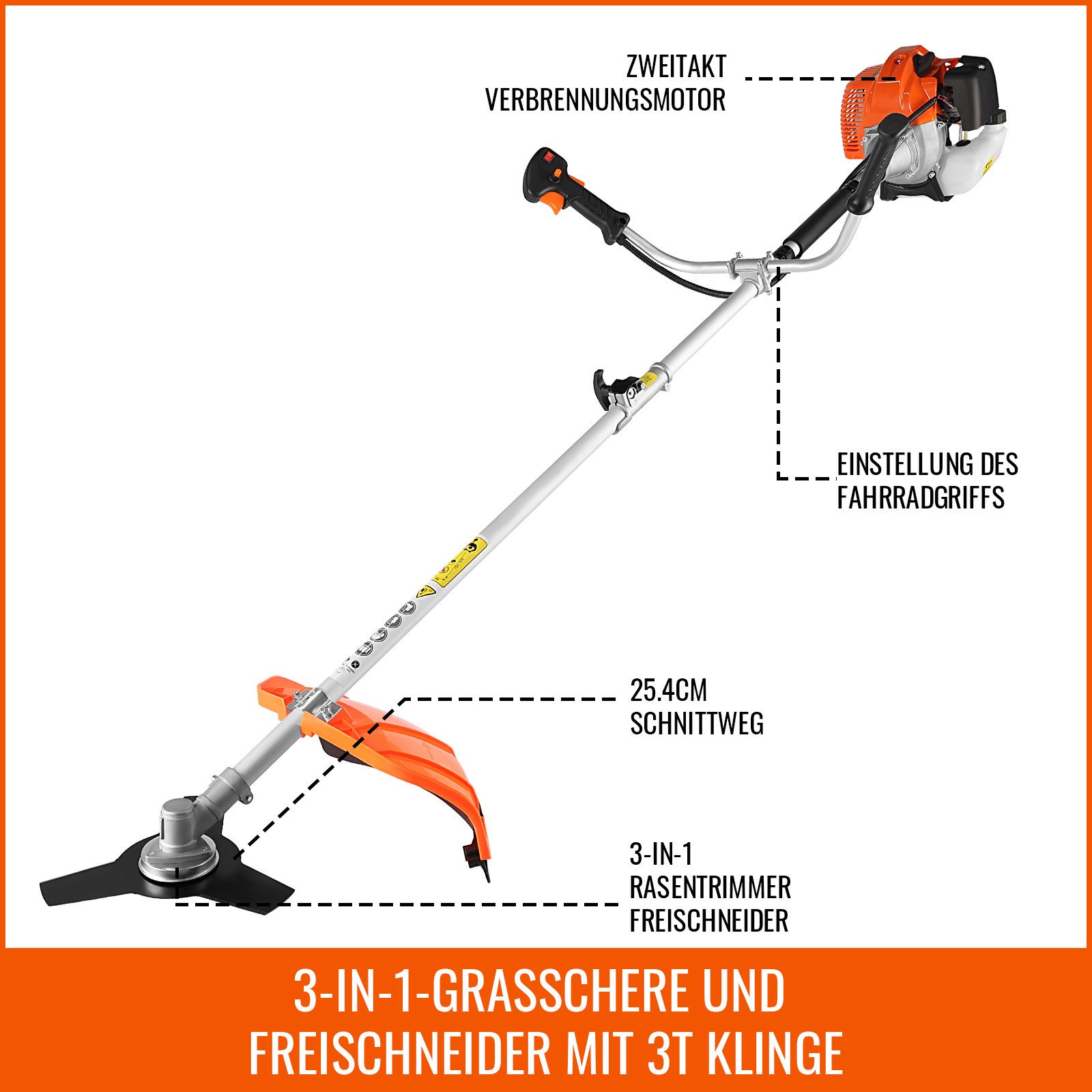 CONENTOOL Benzin-Motorsense 3 in 1 Rasentrimmer Freischneider, 25,5 cm Arbeitsbreite Messer, 35 cm Arbeitsbreite Faden, Doppel-Faden, 3-T-Messer