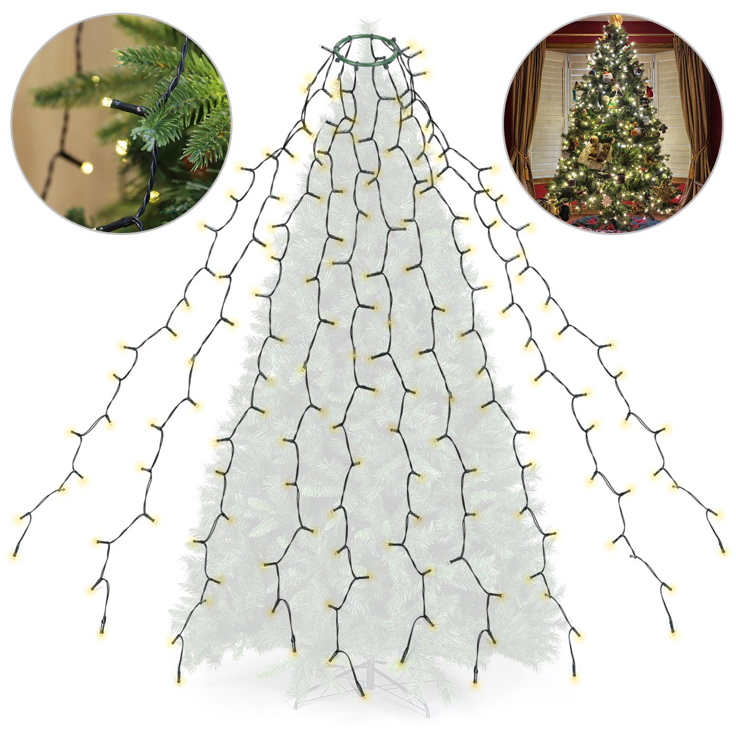 Salcar LED-Lichterkette LED Lichterkette Weihnachtsbaum mit Ring weihnachtsbaumbeleuchtung, 9 Modi/ 3m 10 Girlanden für 120cm - 350cm Tannenbaum