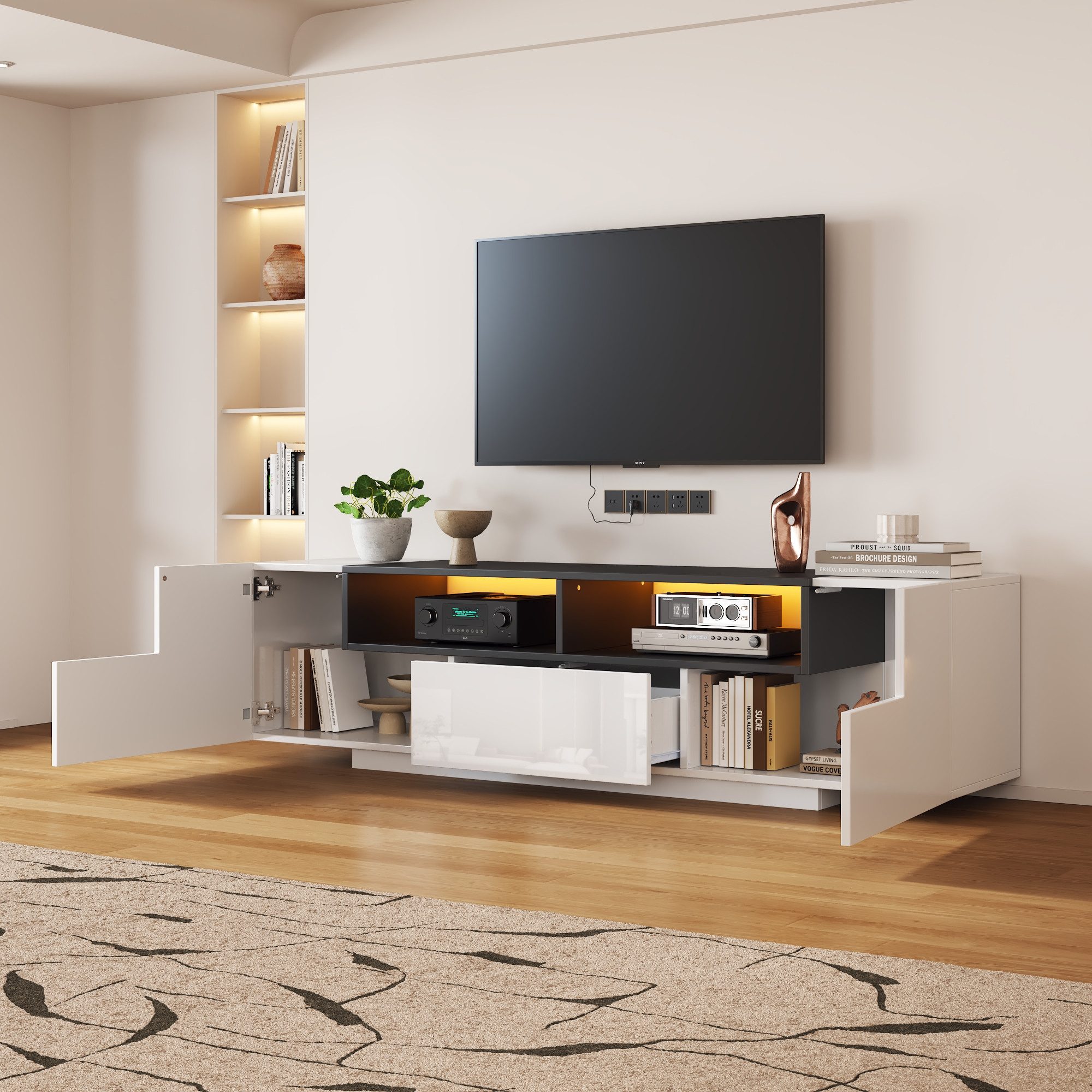 Odikalo TV-Schrank Lowboard TV-Bank Fernsehschrank Medienschrank Schubladen Stauraum Weiß
