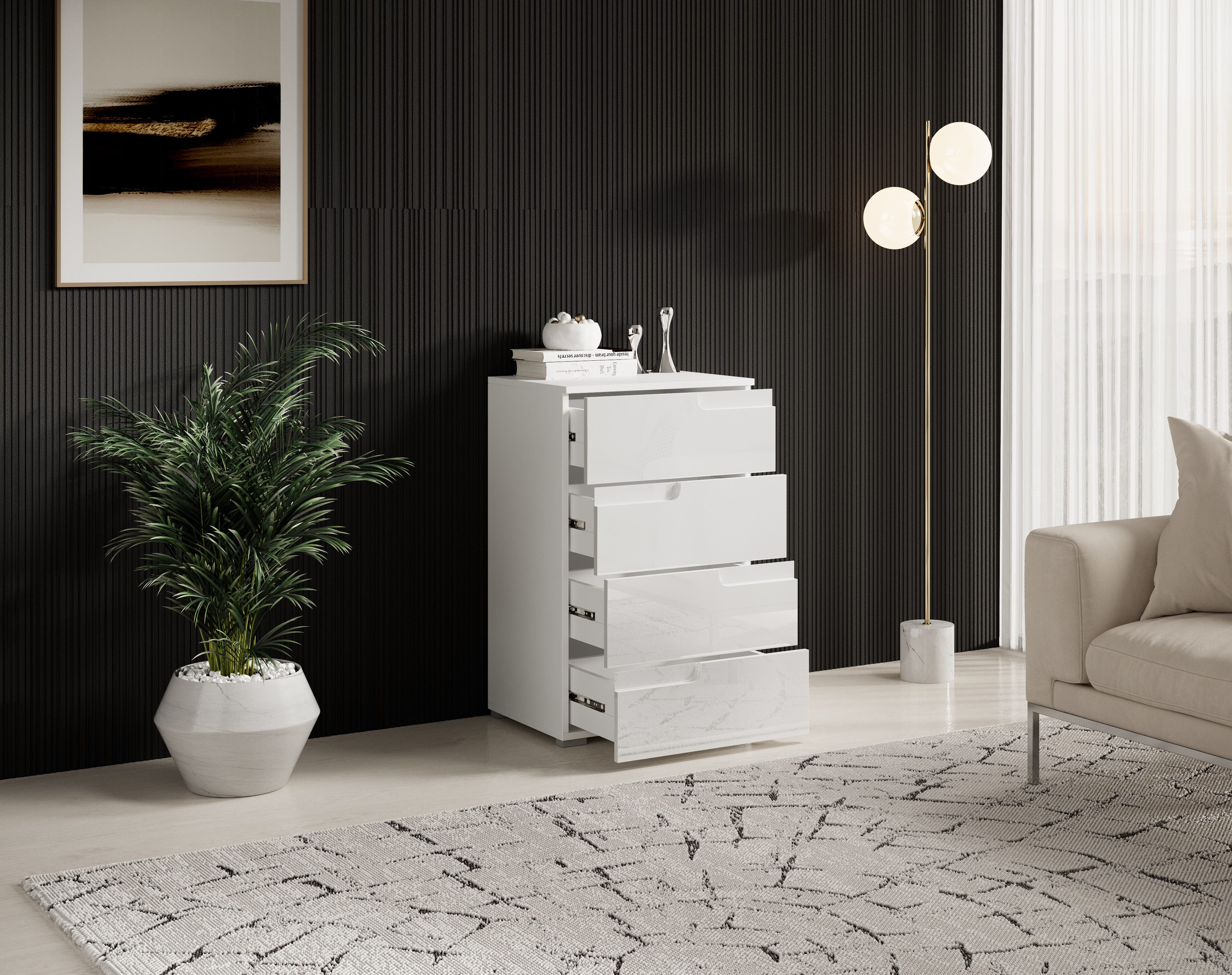 HBZ Kommode Spice Weiß Hochglanz, BxHxT 50x80x40 cm, Kommode mit 4 Schubkästen