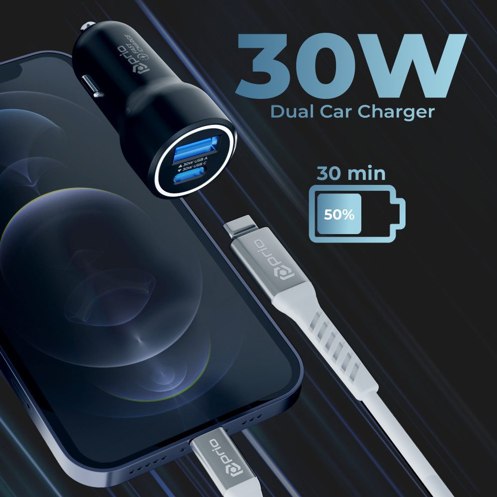 prio prio Fast Charge Car Charge 30W PD (USB C) + 30W (USB A) schwarz Smartphone-Ladegerät (Car Chargers, 1-tlg)