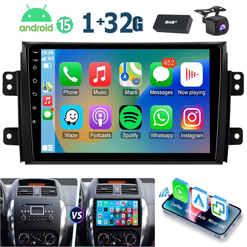 ESSGOO 9'' Autoradio Android 15 für Suzuki SX4 2006–13 CarPlay GPS Navi WIFI Autoradio (RDS, 4+64GB(optional), FM, AM, DAB+ (optional), Android Auto Apple Carplay,Bluetooth,USB,WIFI)