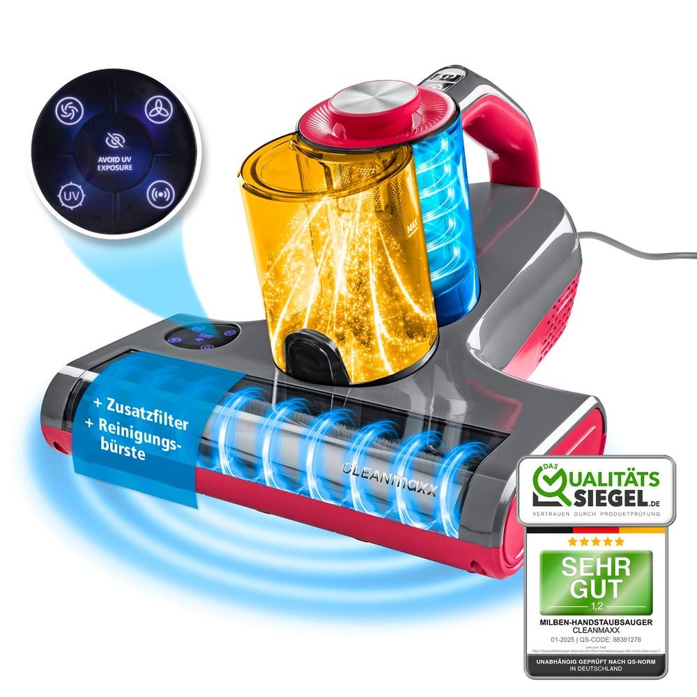 CLEANmaxx Matratzenreinigungsgerät Milbensauger Rotation Power mit UV-C-Licht & HEPA-Filter, 450 W, beutellos, Handstaubsauger für Matratzen, Ultraschall & Wärme