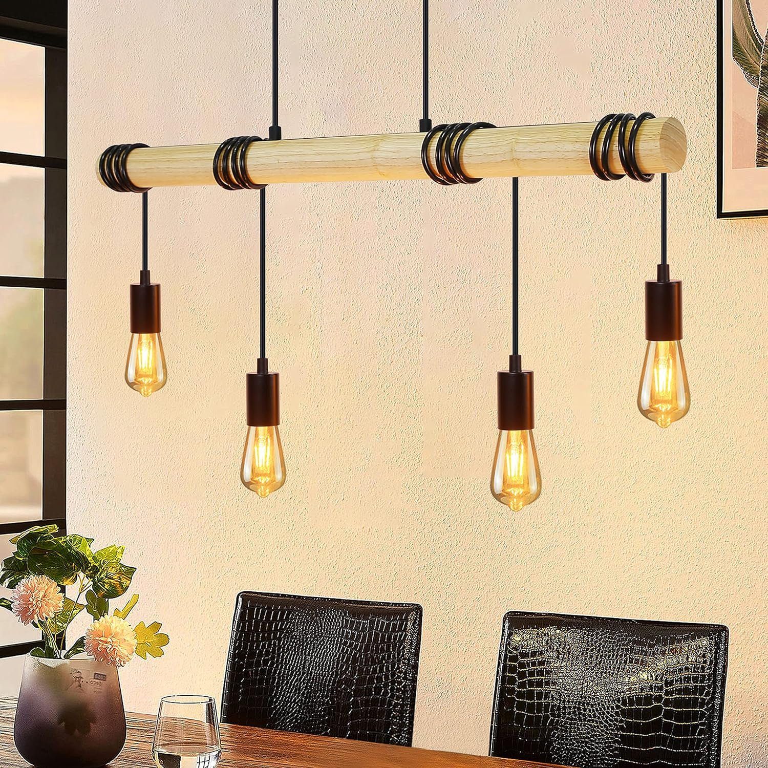 Nettlife Pendelleuchte Esstisch Holz Hängelampe Vintage E27 4 Flammig  Hängend Industrial, LED wechselbar, Esszimmer Küche