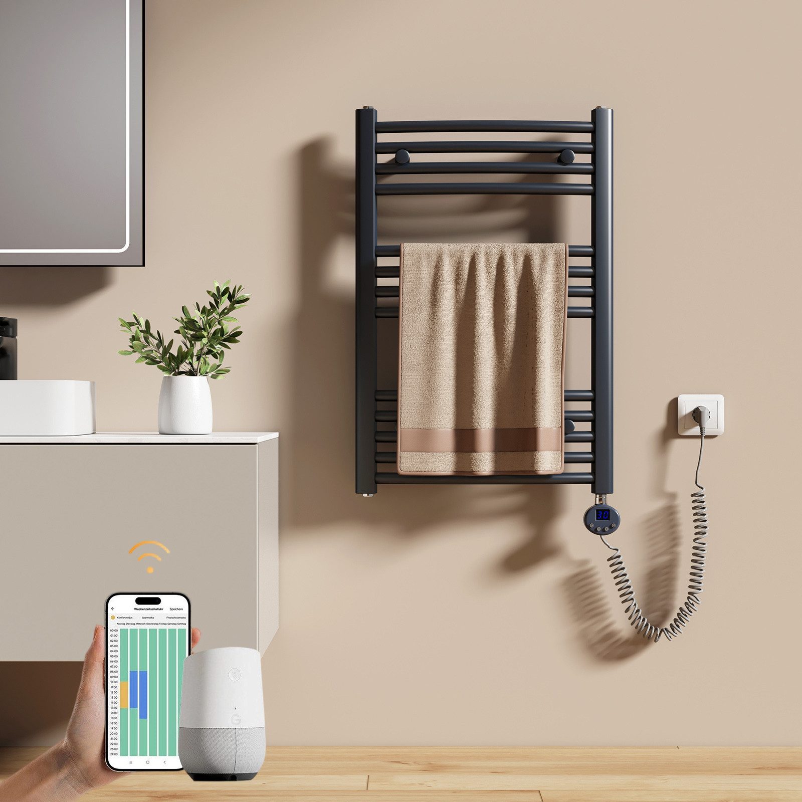 EMKE Elektrischer Badheizkörper Gebogen mit WiFi APP Steuerung Thermostat Höhe: 75cm, 300W, 4 Heizmodi 7-Tage-Timer, Boost & Frostschutz Handtuchwörmer