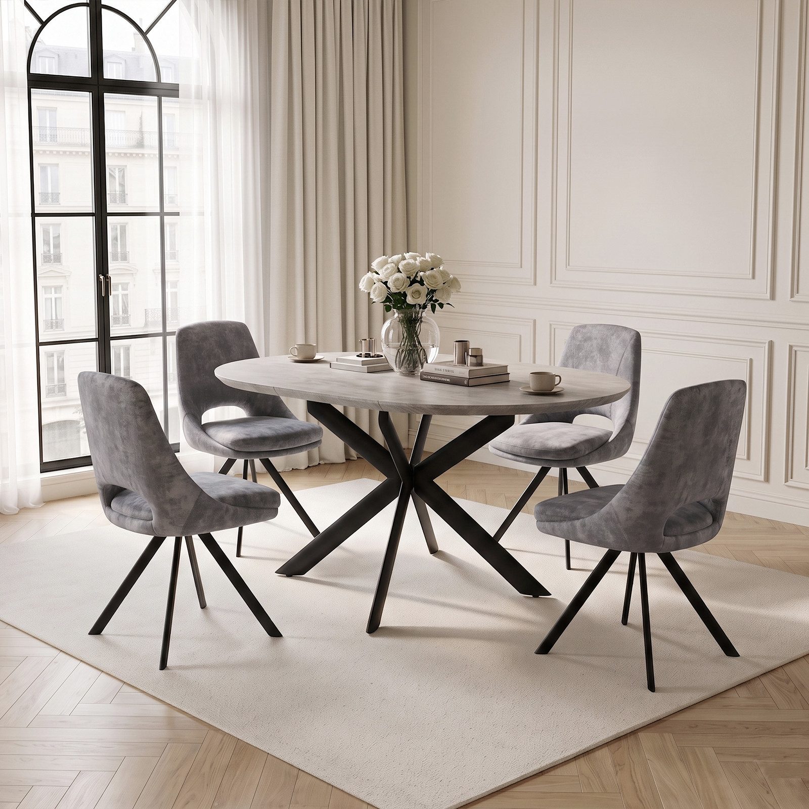 Jiexi Essgruppe Essgruppe rund ausziehbar zu oval MDF Tisch mit Flanell Stühlen
