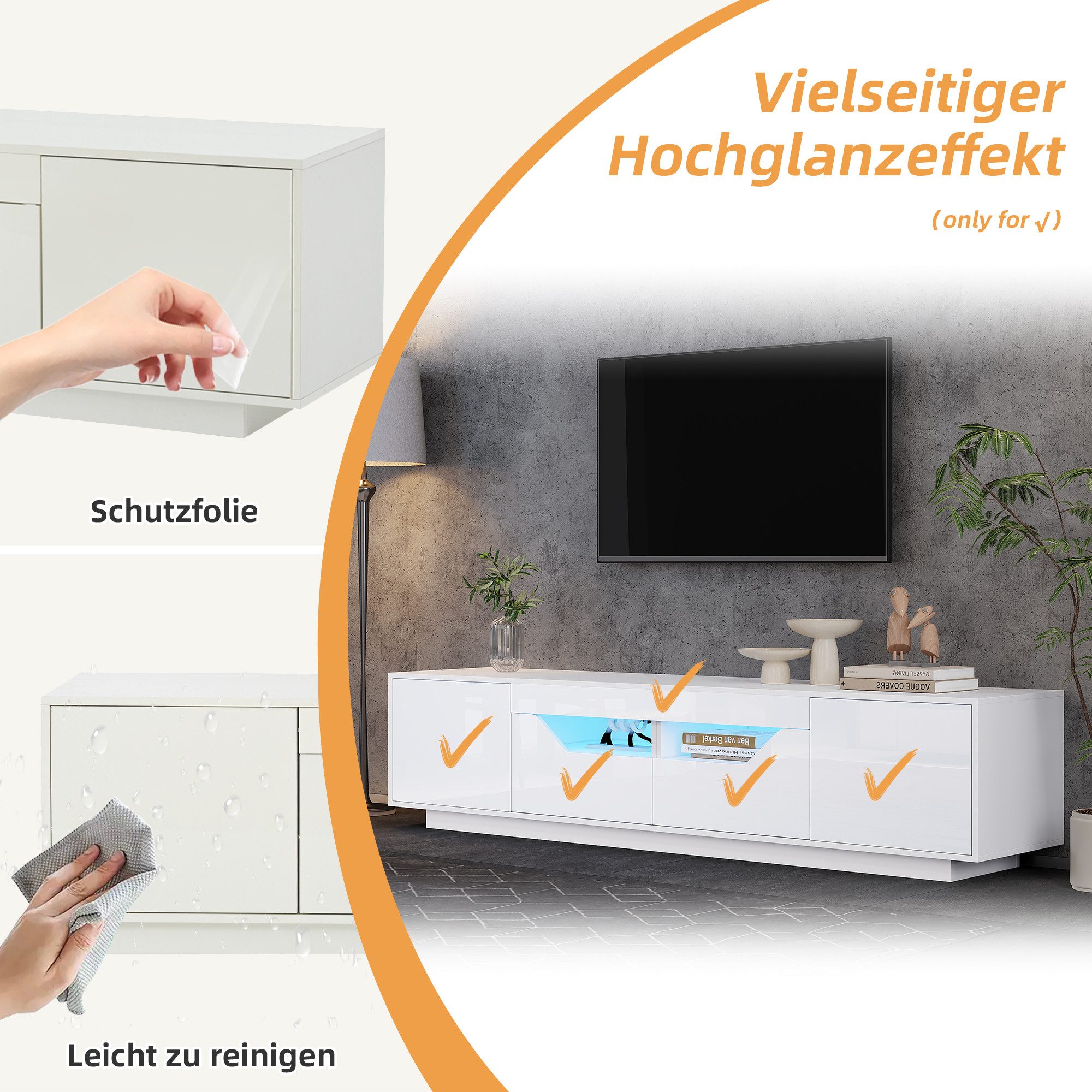 Merax Lowboard hochglanz Fernsehschrank mit LED-Beleuchtung (Für Fernseher bis 75 Zoll, 1 St., Push-to-Open-Funktion), TV-Schrank mit 2 Schubladen,2 Schränken & offenen Regalen,180x40x45cm