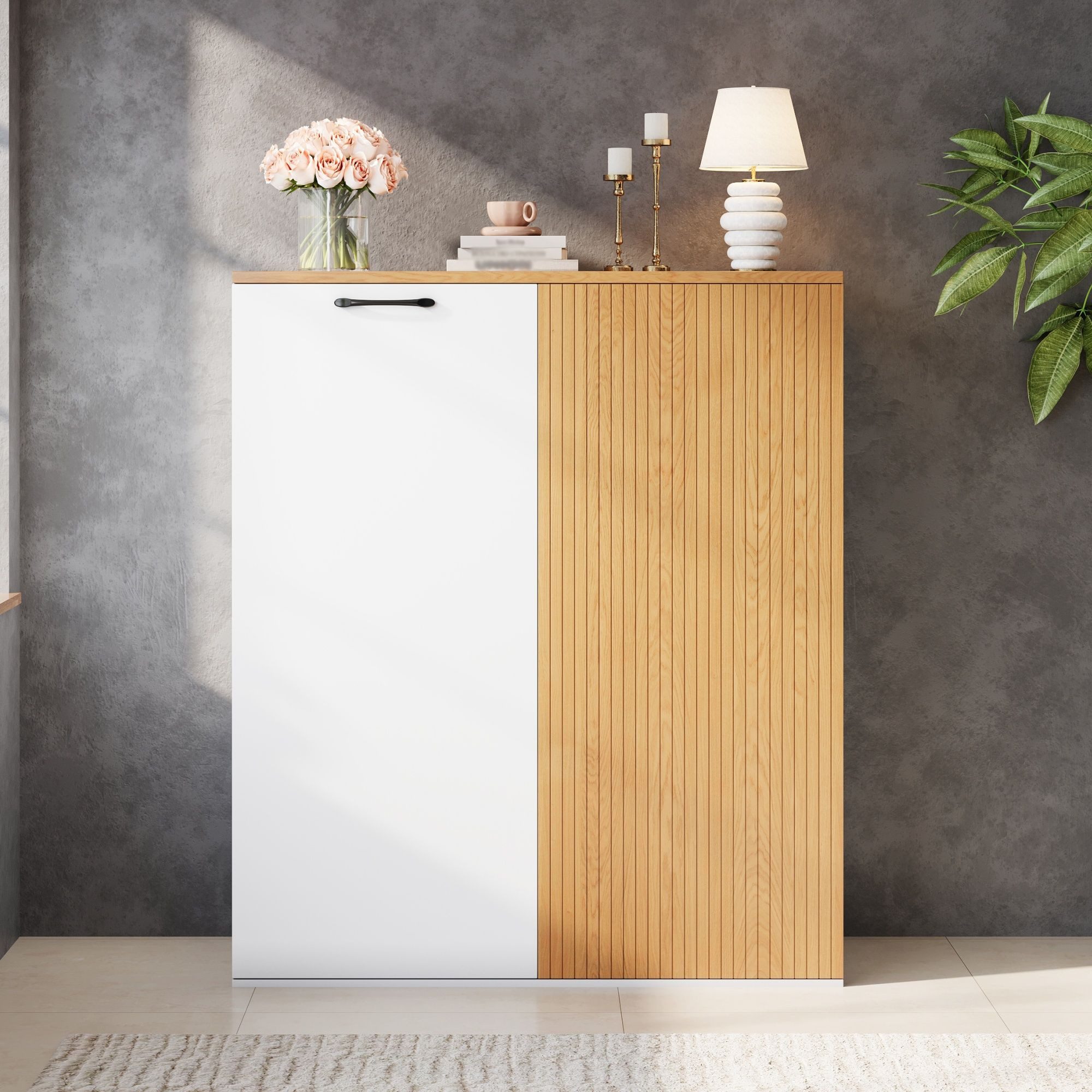 Merax Sideboard Aktenschrank 80 × 40 × 110 cm, Highboard Büroschrank (1 St., Kommode Stauraumschrank), mit Lamellenfront und Soft-Close-Türen – Bild 2 von 5