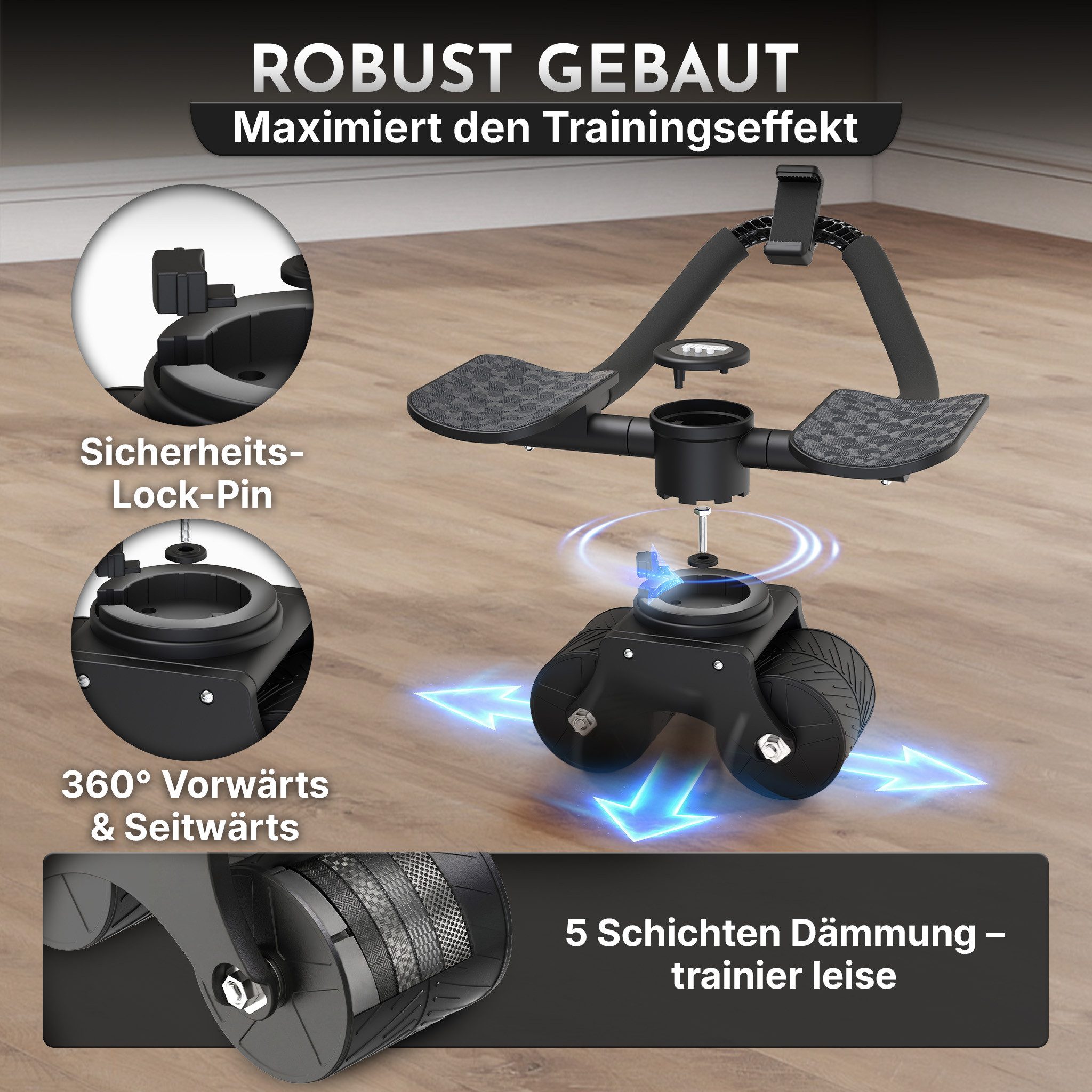 NEOLYMP Bauchtrainer Patentierter Bauchroller für Zuhause mit Unterarm-Auflagepads (Bauchroller – Extra Breite für Stabilität - Patentierter Bauchtrainer), 5 Einstellstufen für gerade & seitliche Rollouts & Handyhalterung