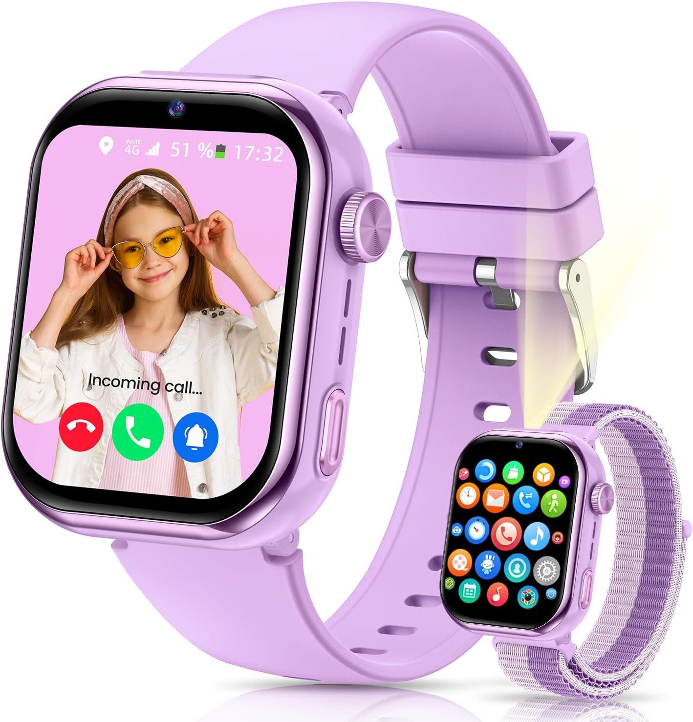 NAIXUES Smartwatch (2,5 cm, sim-karte), 4G Kinder Smartwatch mit Videoanrufen GPS Ortung SOS