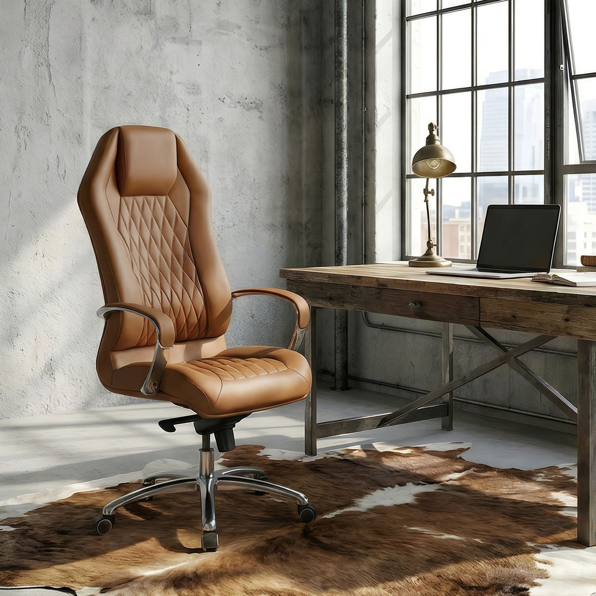 FINEBUY Chefsessel Bürostuhl MONTEREY Echtleder Schreibtischstuhl Drehstuhl (Bürostuhl MONTEREY Echtleder Caramel 120KG), Schreibtischstuhl Hohe Rückenlehne mit Kopfstütze