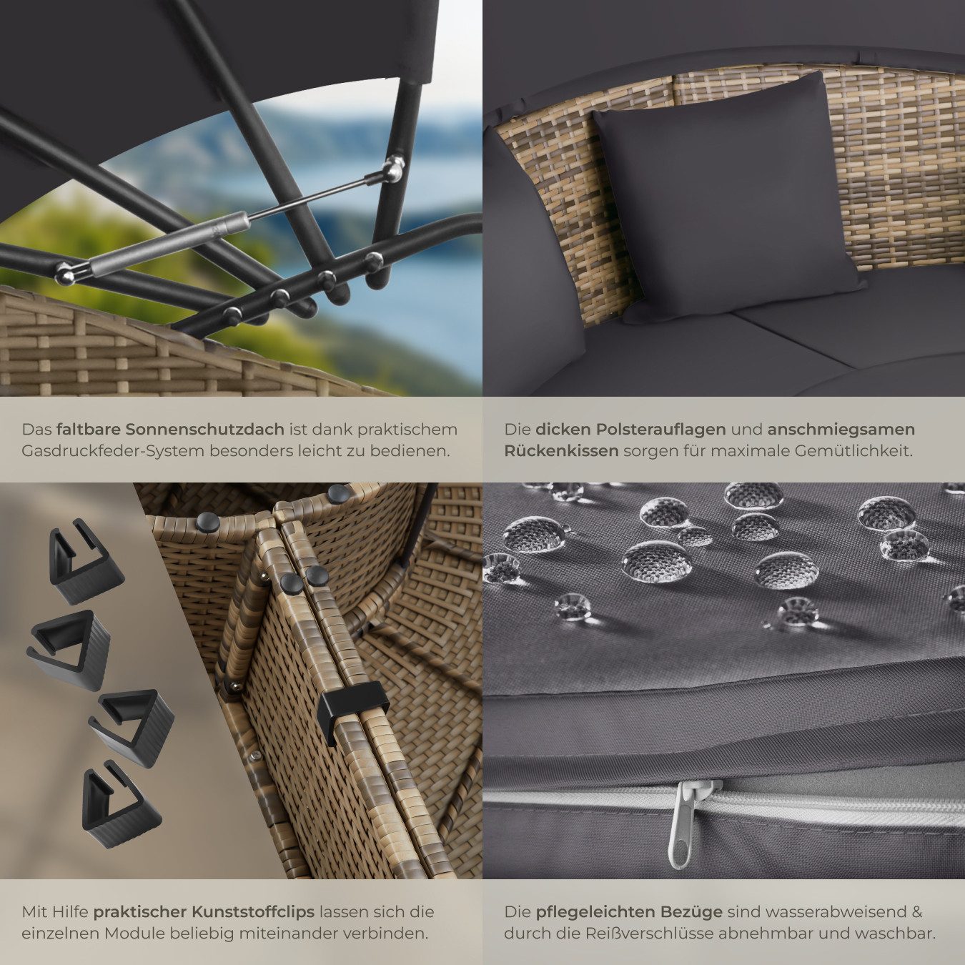 tectake Loungeset Rattan Sonneninsel Santorin - UV-beständig und widerstandsfähig, (Gartenlounge-set Santorin, 5-tlg., geeignet für Outdoor in Natur), klappbare – Bild 5 von 5