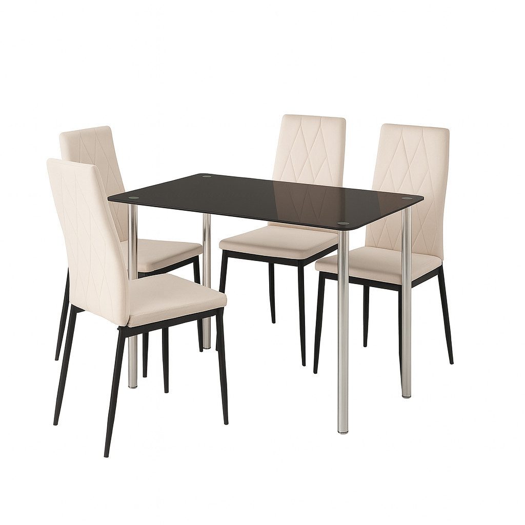HOOZ Essgruppe fürs Esszimmer, Küche und Wohnzimmer Tischplatte 6 mm Sicherheitsglas, (SET, 5-tlg., Tisch mit 4 Stühlen), Tischplatte schwarz Bezug Stühle beige