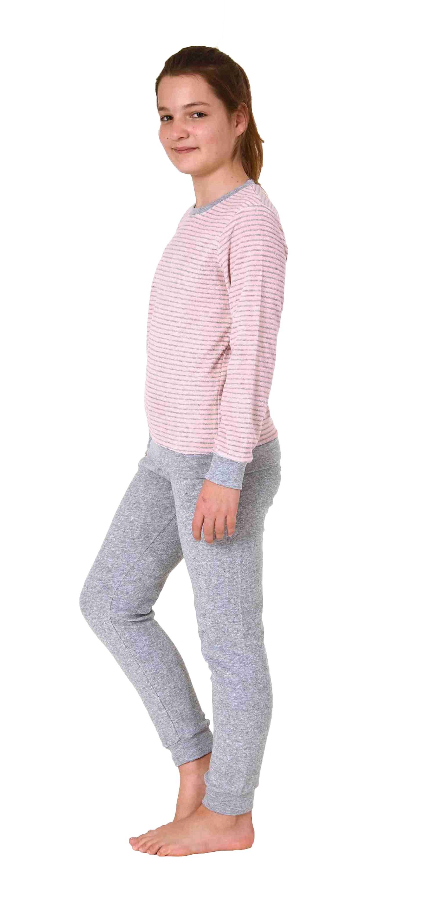 Normann Pyjama Mädchen Frottee Pyjama mit klein Bündchen Ringel rosa lang mit Herz Schlafanzug Motiv