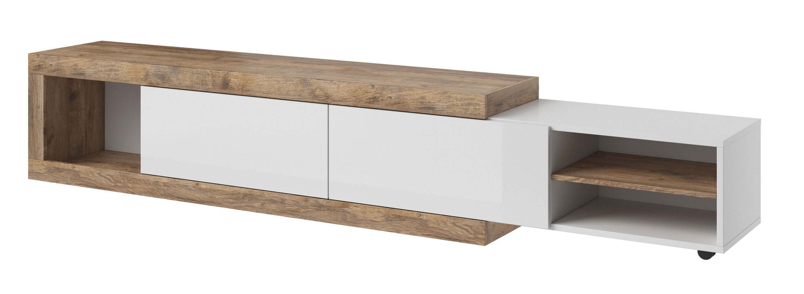 Helvetia Lowboard Saragossa (mit offenen Fächern, mit Klapptüren, 1 St., moderne Optik, mit offenen Fächern, mit Klapptüren), 200-242x40x86cm weiß Hochglanz / Samdal Eiche Grifflos