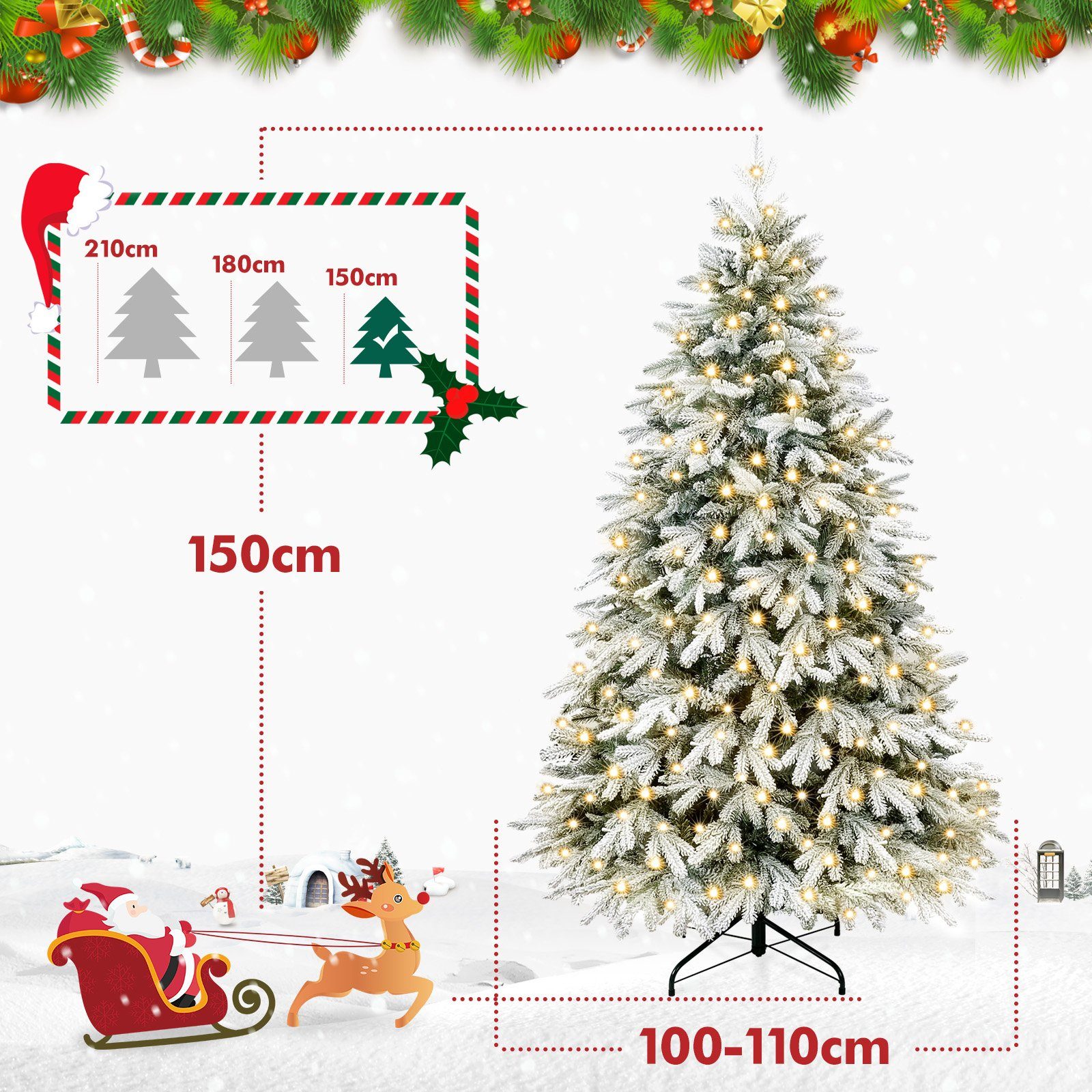 Yorbay Künstlicher Weihnachtsbaum Künstlicher Tannenbaum mit LED Beleuchtung, Weihnachstbaum aus PE, PVC, 150 / 180 / 210 cm auswählbar, mit Ständer, Weiß Schneeflocken, Weihnachtsbaum Christbaum für Weihnachten-Dekoration