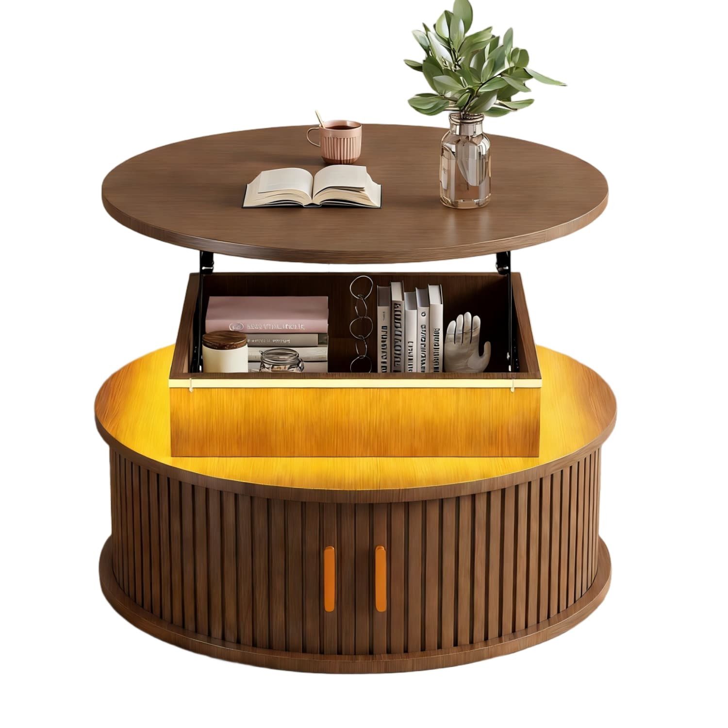 ANYSUN Couchtisch Runder Sofatisch höhenverstellbar mit Stauraum,Liftfunktion & LED, mit 5 Staufächer,2 Rollladentüren,App-Steuerung, Ø75 cm,Walnuss