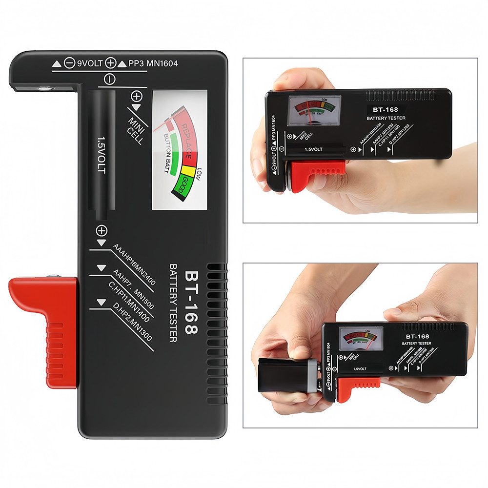 AFKSMILE Spannungsprüfer Batterietester, Anzeige mit Zeiger für AA AAA C D 9V 1,5V Knopfzellen, Akku Batterieprüfgerät ohne Strom,Präzises Batterie Messgerät (BT-168)