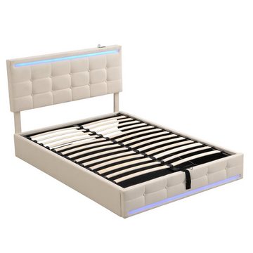 PHOEBE CAT Polsterbett (Hydraulisches Bett mit Bettkasten, Lattenrost und 2 USB-Anschluss), Stauraumbett Funktionsbett 140x200 cm mit LED Beleuchtung, Leinen