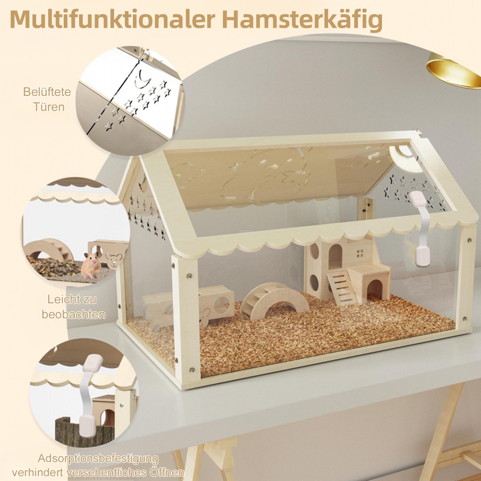 TWSOUL Kleintierkäfig Nagerkäfig aus Holz, Kleintiergehege Schaufenster aus Acryl, 60cm, mit Häuschen/Leiter/wippe, Meerschweinchen Hasenkäfig Hamsterkäfig