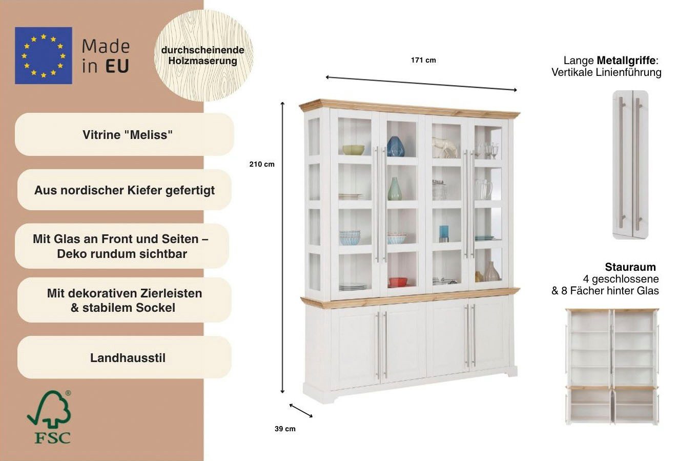 OTTO home Vitrine Melissa aus massiver Kiefer, FSC® zertifiziert, Breite 171 cm