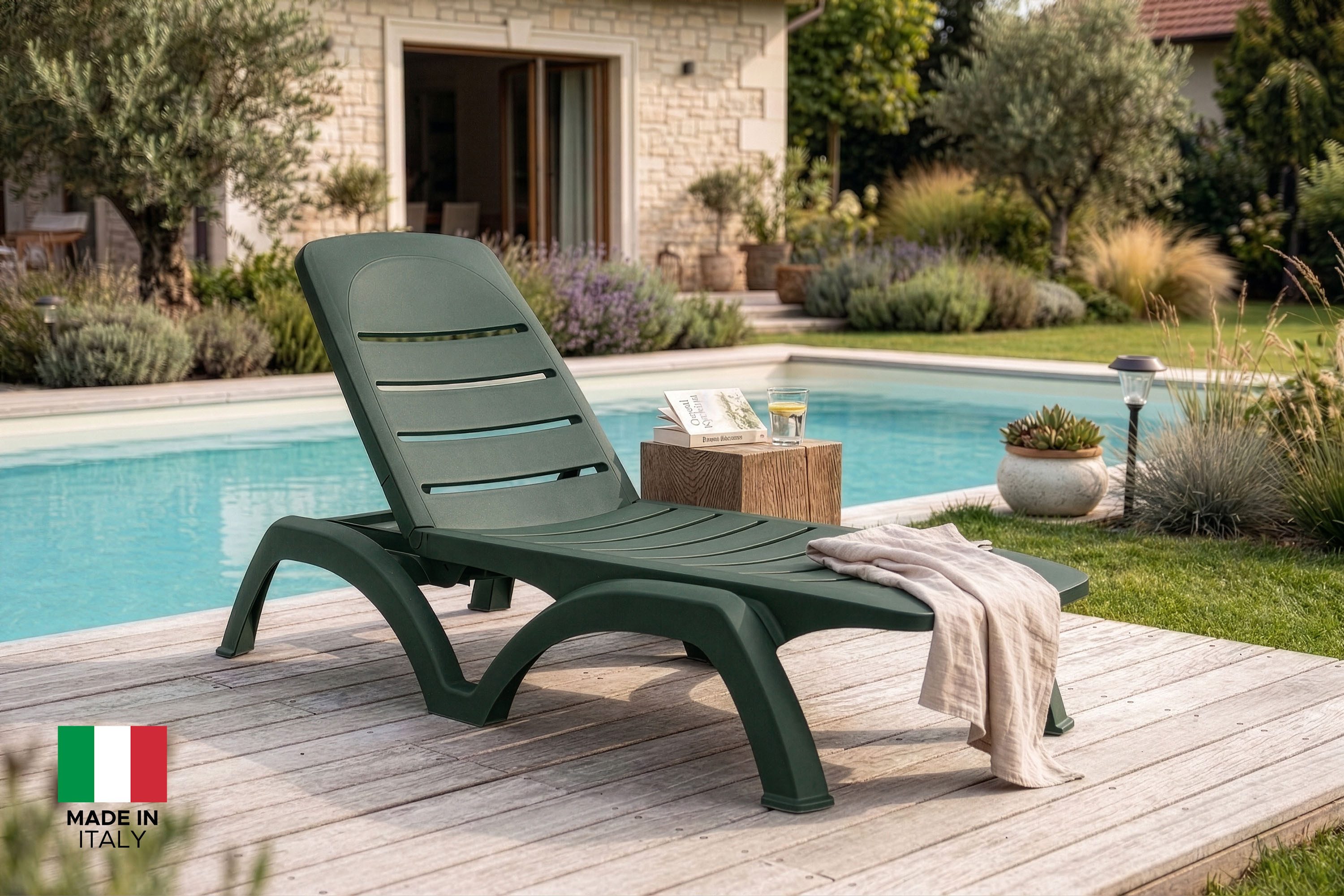 KONSIMO® Gartenliege BATSI Sonnenliege, höchste Verarbeitungsqualität, Stapelbarkeit, 1 St., dunkelgrün, Vierfach verstellbare Rückenlehne, mit Stauraum für Kleinigkeiten