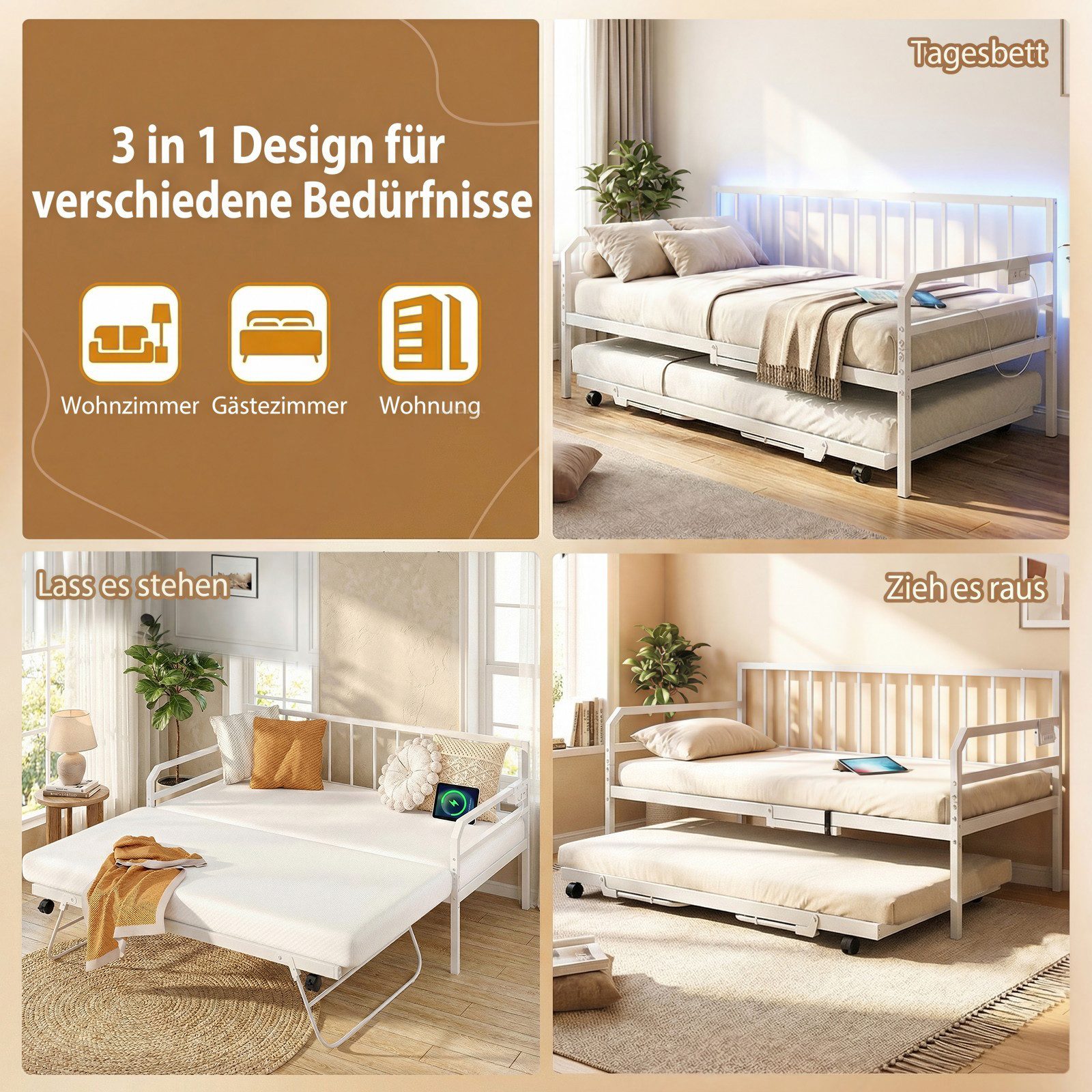 COSTWAY Daybett (1 tlg), Bettgestell mit Ausziehbett, LED, Ladestation, 90x200cm / 180x200cm